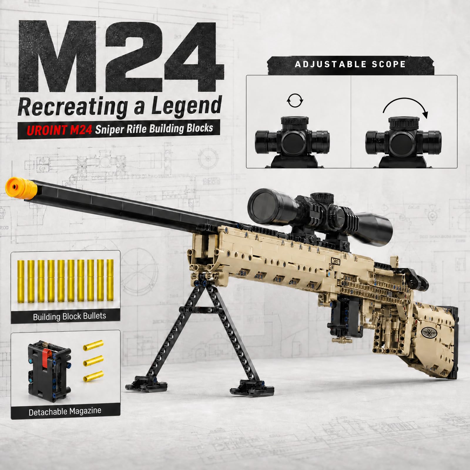 Baustein Gewehr Bausatz, 1:1 M24 Waffen Modell Spielzeug für Kinder | 1380Stk Schießbare Scharfschütze Pistole Sets, Militär Sturmgewehr Klemmbausteinel Geschenk für Jungen 8+ Erwachsene Männer