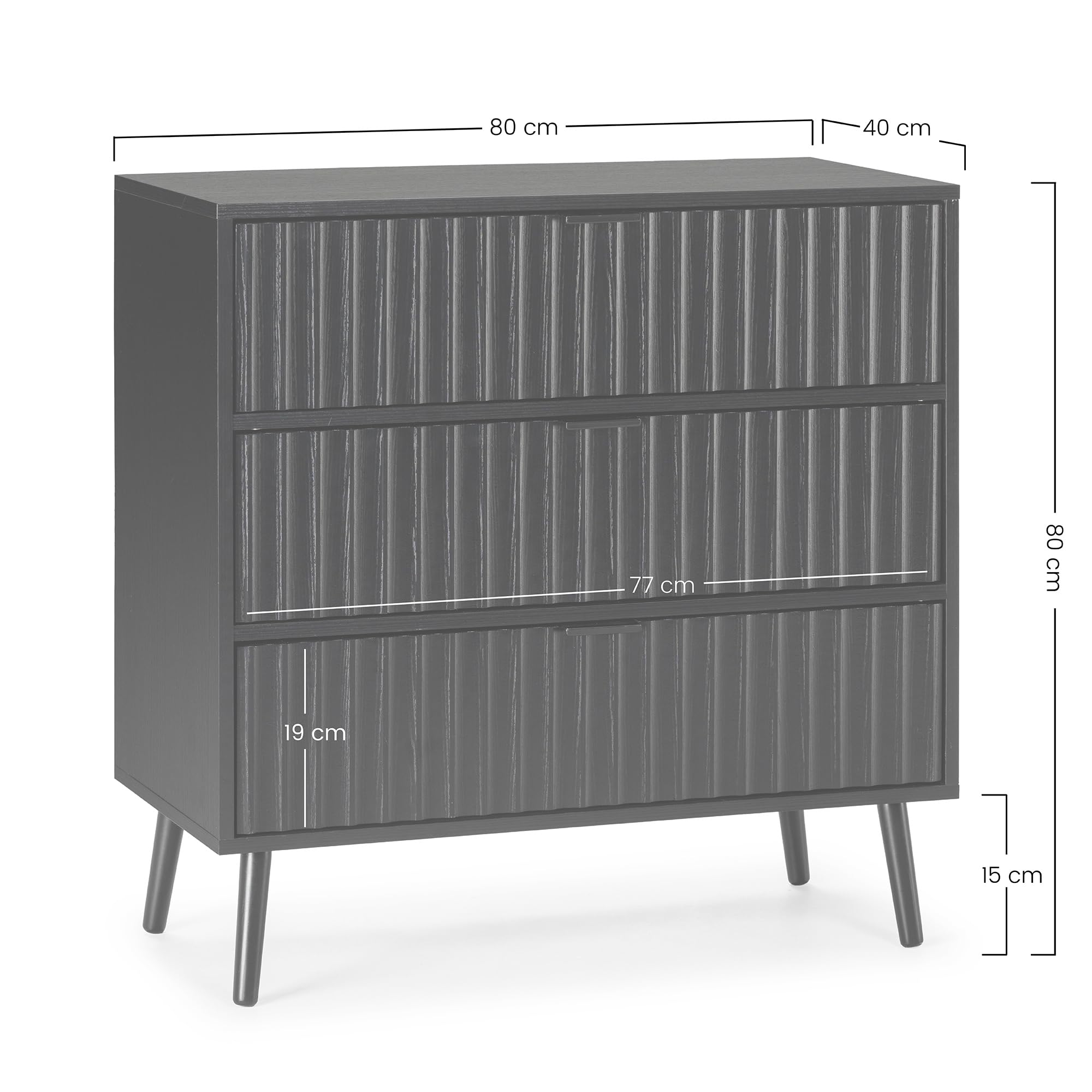 HOMN LIVING Cassettiera Lluvia 3 cassetti colore Nero, guide in metallo, 80 cm (larghezza) 40 cm (profondità) 80 cm (altezza)