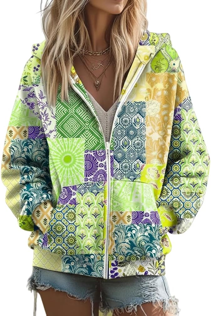 Women Oversized Boho Patchwork Print Zip Up Hoodie Long Sleeve Pullover Colorful Soft Casual Outerwear for Spring Fall