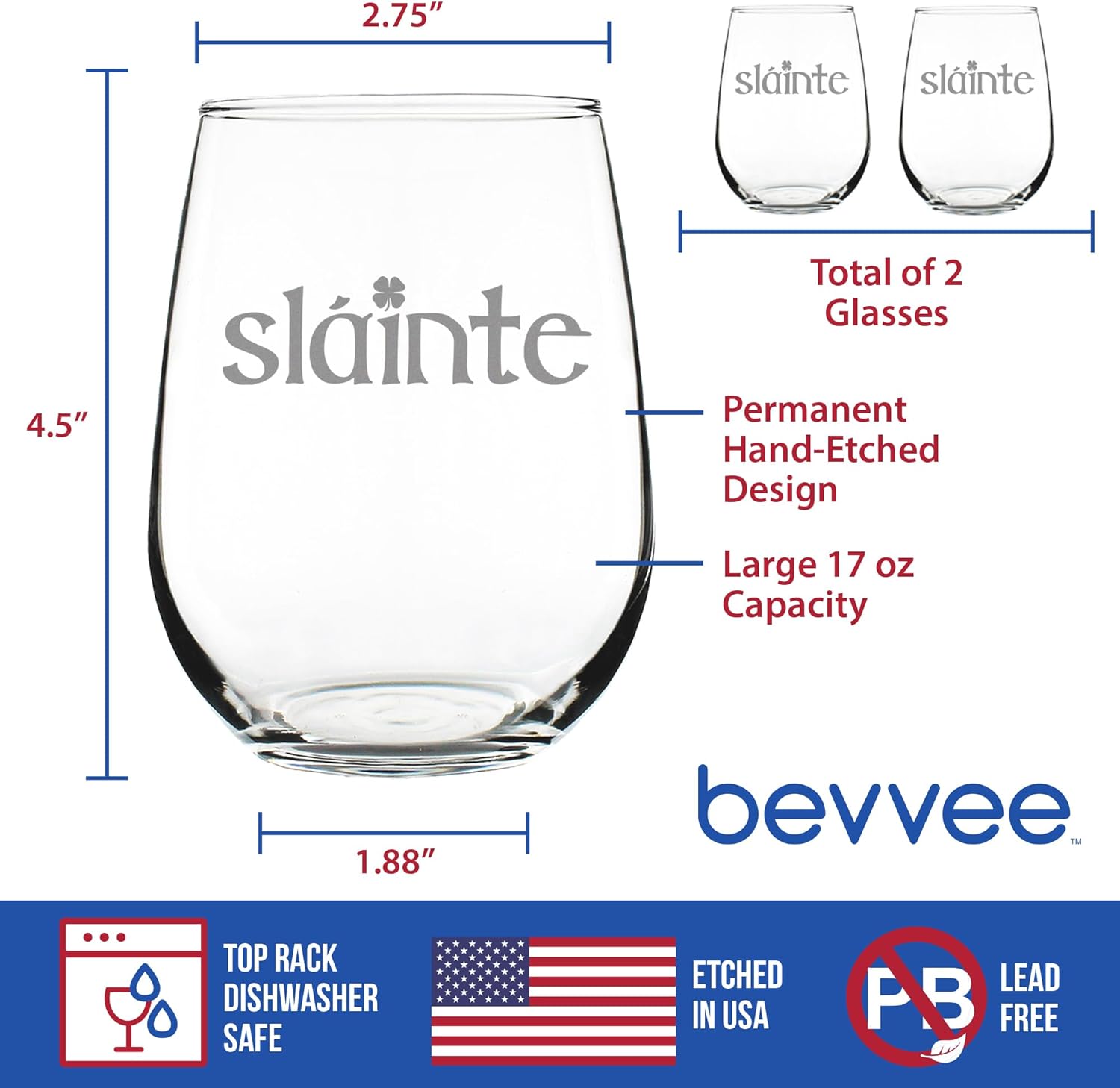 Bevvee Slainte Irish Cheers - Stemless Wine Glasses - Set of 2 - Fun Irish Themed Gifts and Decor - Large 17 Ounce