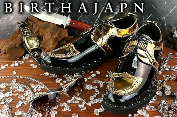 Amazon | (26.0cm) エナメル調 レースアップ ドレスシューズ 黒金 革靴  