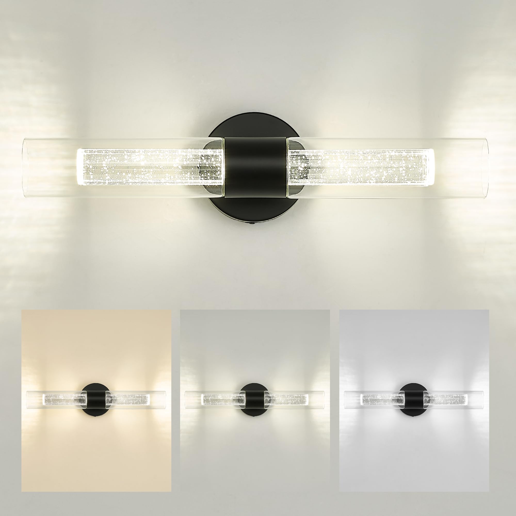 kudos Black LED Vanity Light, Crystal Bubble and Clear Glass, KDVL05-BK-2