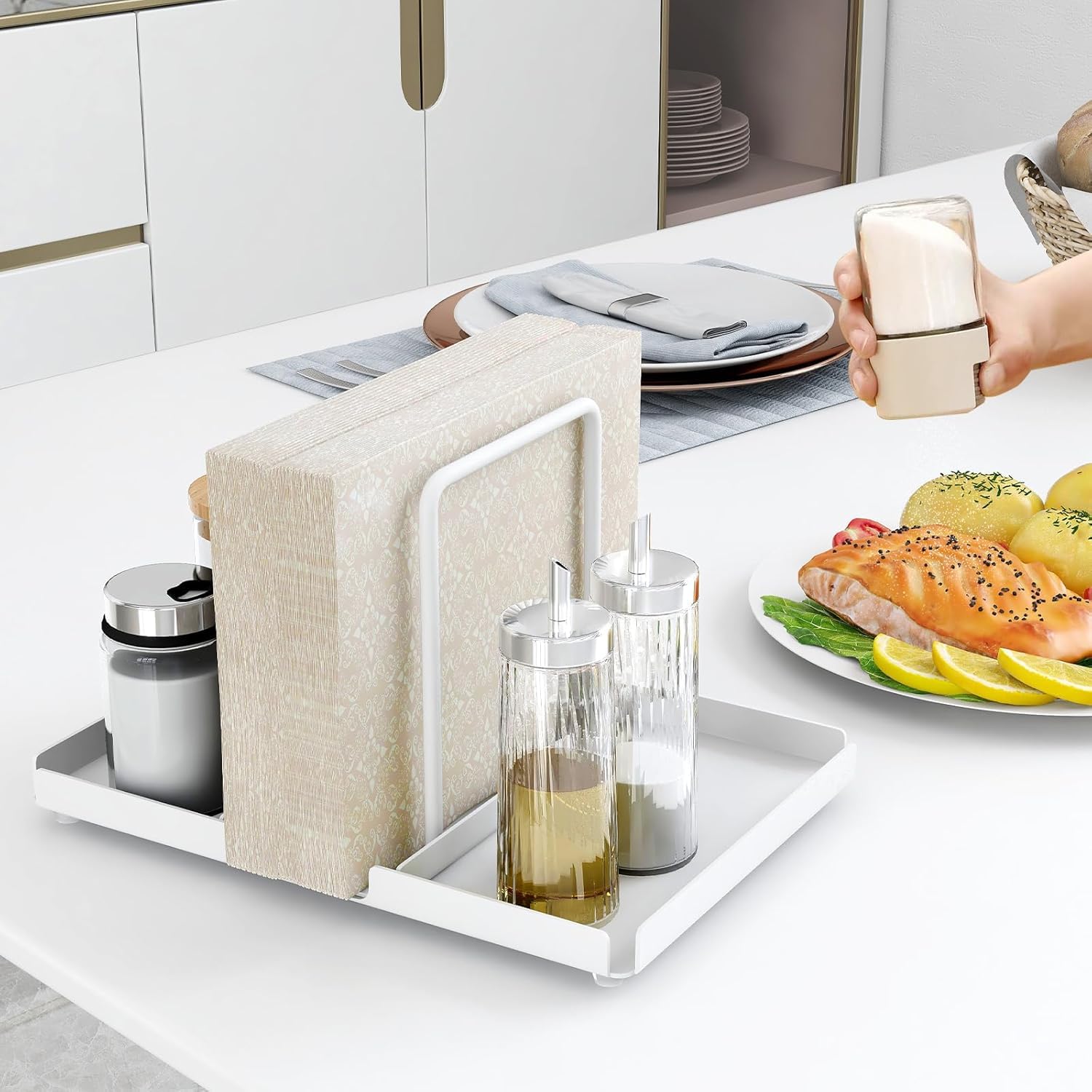 Servethouder met zout- en peperschudders Caddy, metalen bestek Servietdispenser met houten basis, papieren servethouder voor keuken, eetkamer, restauranttafel (hout