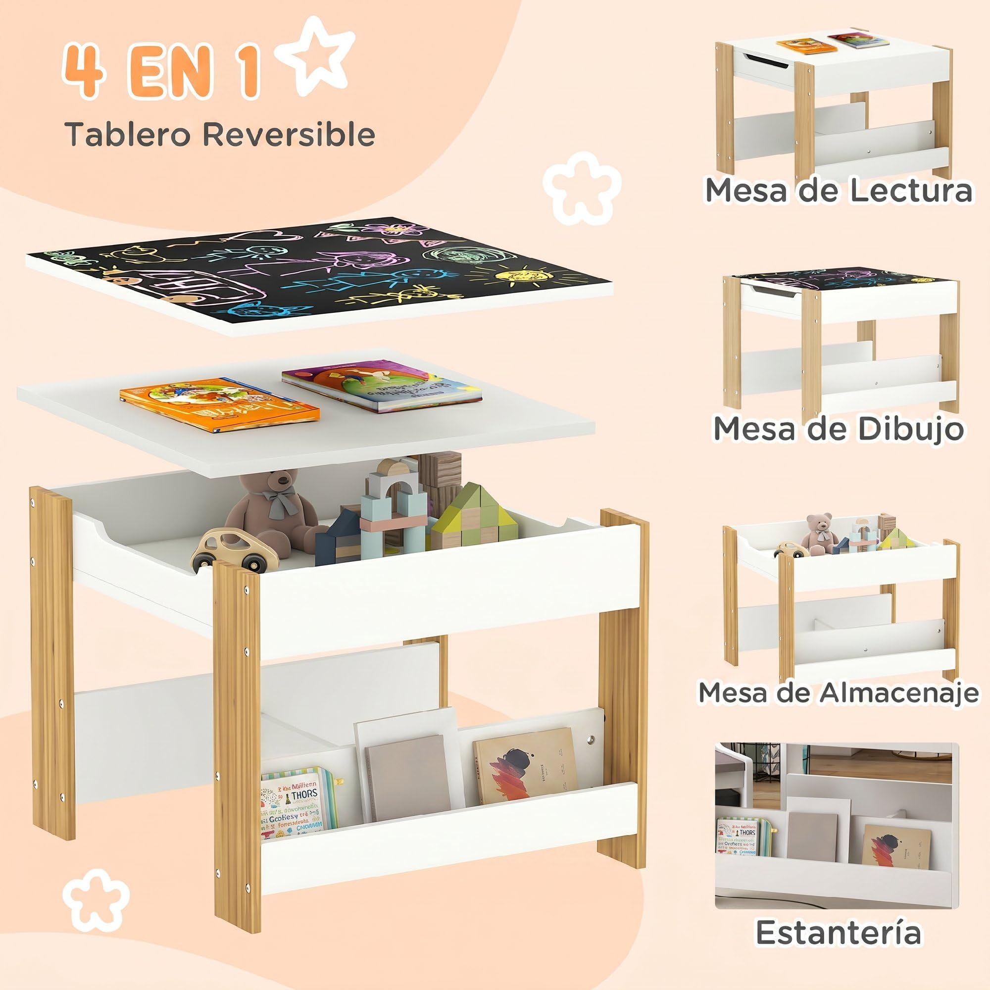 HOMCOM Juego de Mesa y 2 Sillas Infantiles Mesa con Sillas para Niños 3 en 1 con Pizarra Cajones de Tela y Espacio de Almacenamiento para Guardería Sala de Juegos Blanco y Natural