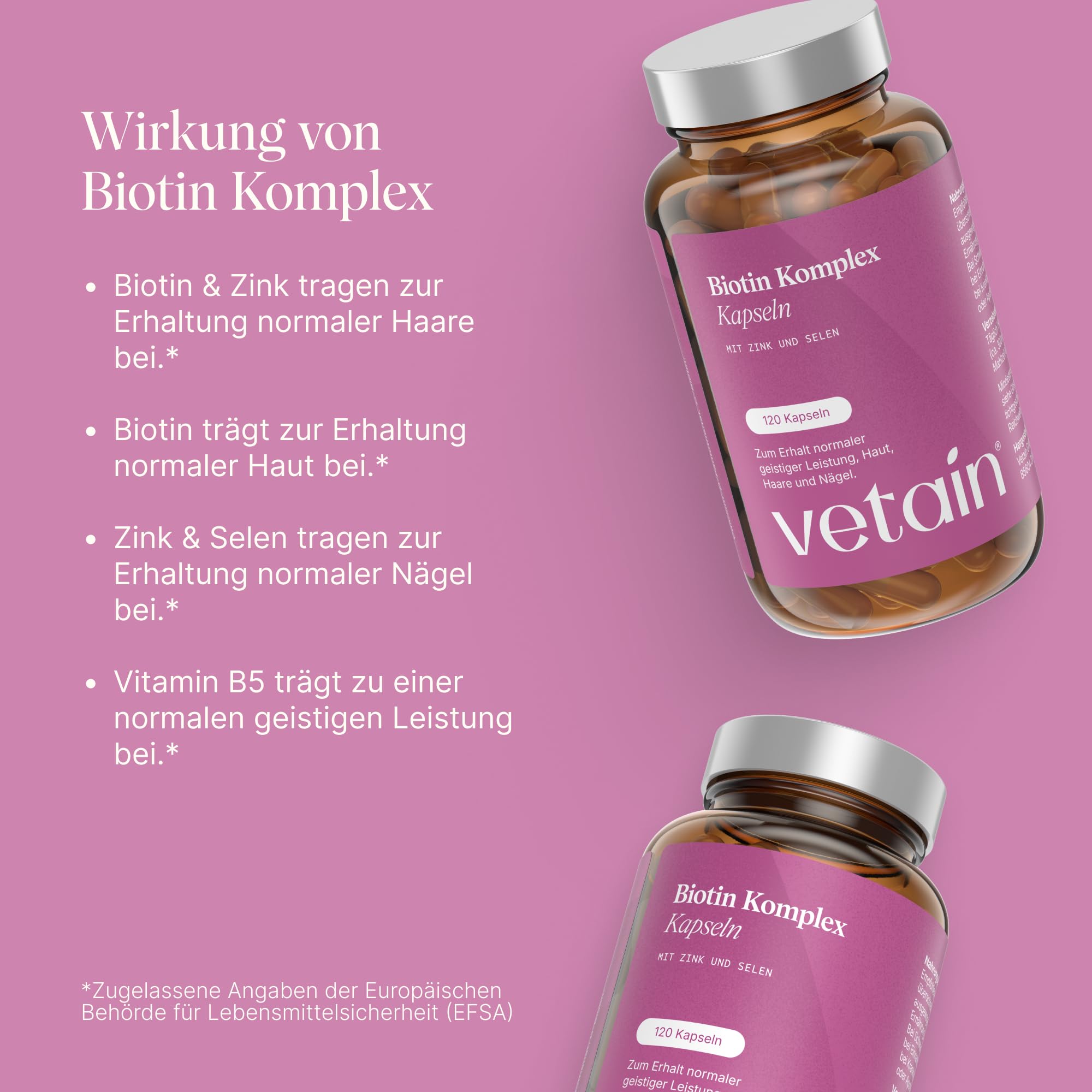 VETAIN Biotin Zink Selen Komplex - Mit Silizium & Vitamin B5-120 Kapseln - hochdosiert mit 5.000µg Biotin - Für Haare, Haut & Nägel - vegan & ohne Magnesiumstearat - 2er Set