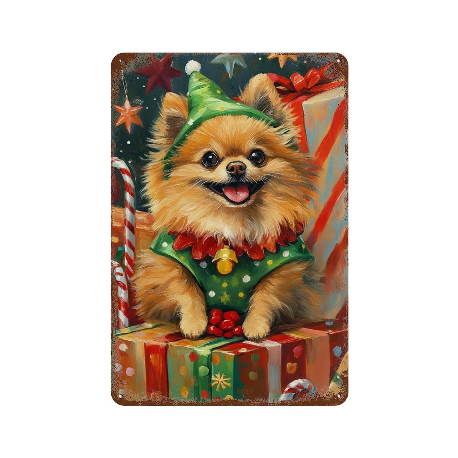 Rustic Tin Plaque Christmas Pomeranian Dog Gifts 11.8"x7.9", Vintage Wall Decor for Pub, Kitchen And Man Cave Decor