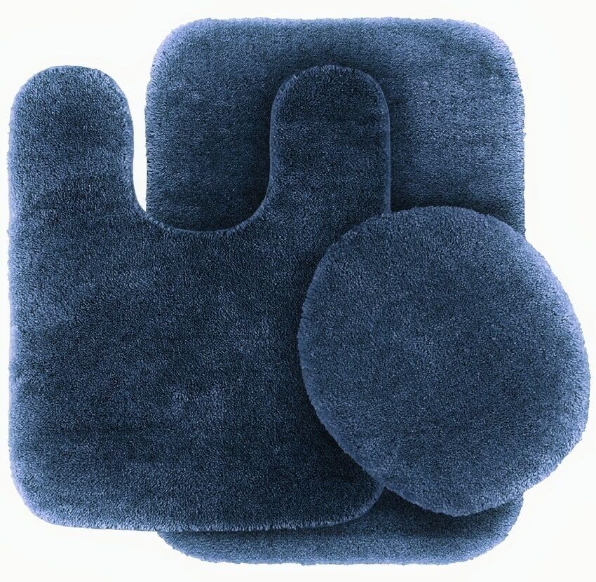 #6 Bath Mat, Contour Mat, and Lid Cover, with Rubber Backing Bathroom Set 3 Piece Solid Assorted Colors (Navy Blue)