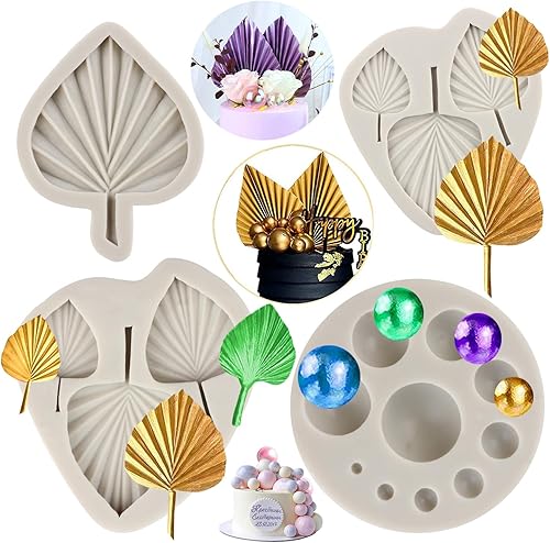 Sijiangmold Molde de silicona de hojas de abanico 3D, molde de fondant de perlas 3D, abanico de flores, palma, hojas bohemias, moldes de chocolate,