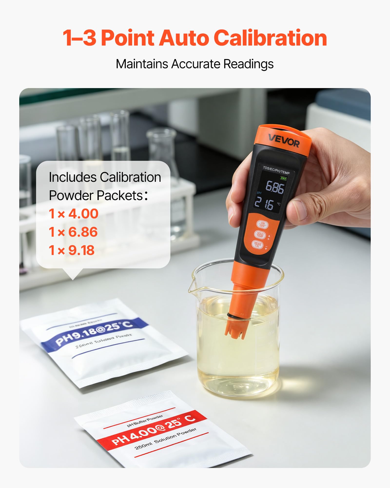 VEVOR Misuratore di pH da Laboratorio, Misurazione Multiparametrica Accurata di pH/EC/TDS, Sonda Impermeabile IP68, Kit Tascabile con Bustine di Polvere di Calibrazione, Display VA, per Analisi Acqua