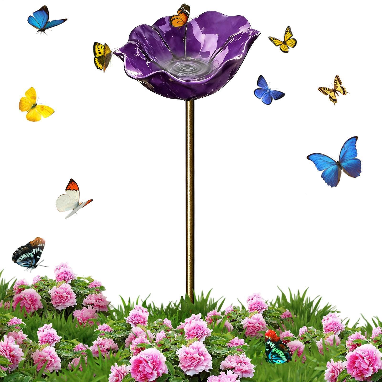 Handmade Metal Flower Garden Stake Bird Bath, Flower Shaped Bee Water Station, Butterfly Bee Water Feeder With Flowers Design, Bird Baths Feeder Bowl, For Garden Patio Yard Lawn