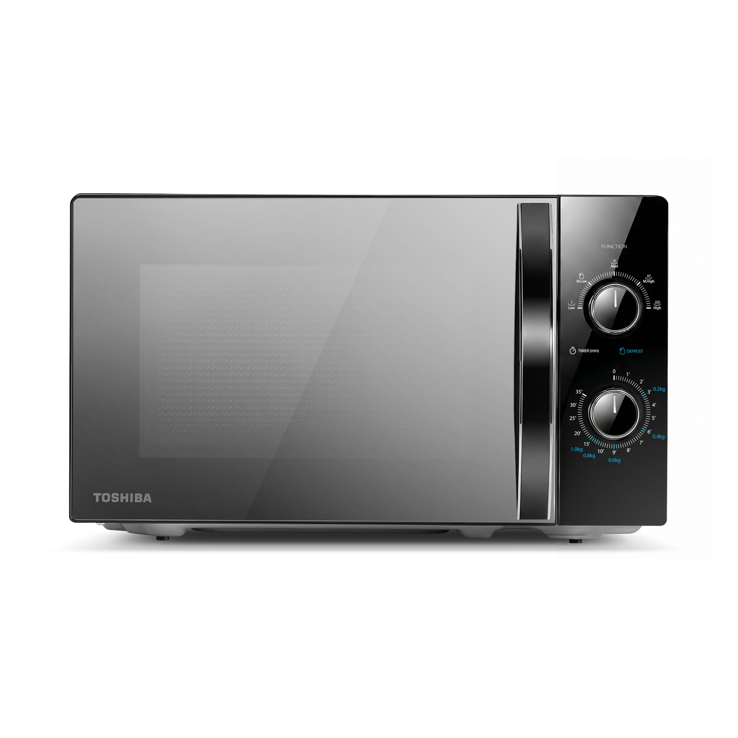 TOSHIBA Black Mirror Front Microwave 20 Liter 700W Manual Control, Compact with 5 Power Levels, Automatic Defrost, Perfect for 9'' Pizza, Clock and Timer, Easy Clean, MW2-MM20PF(MB)