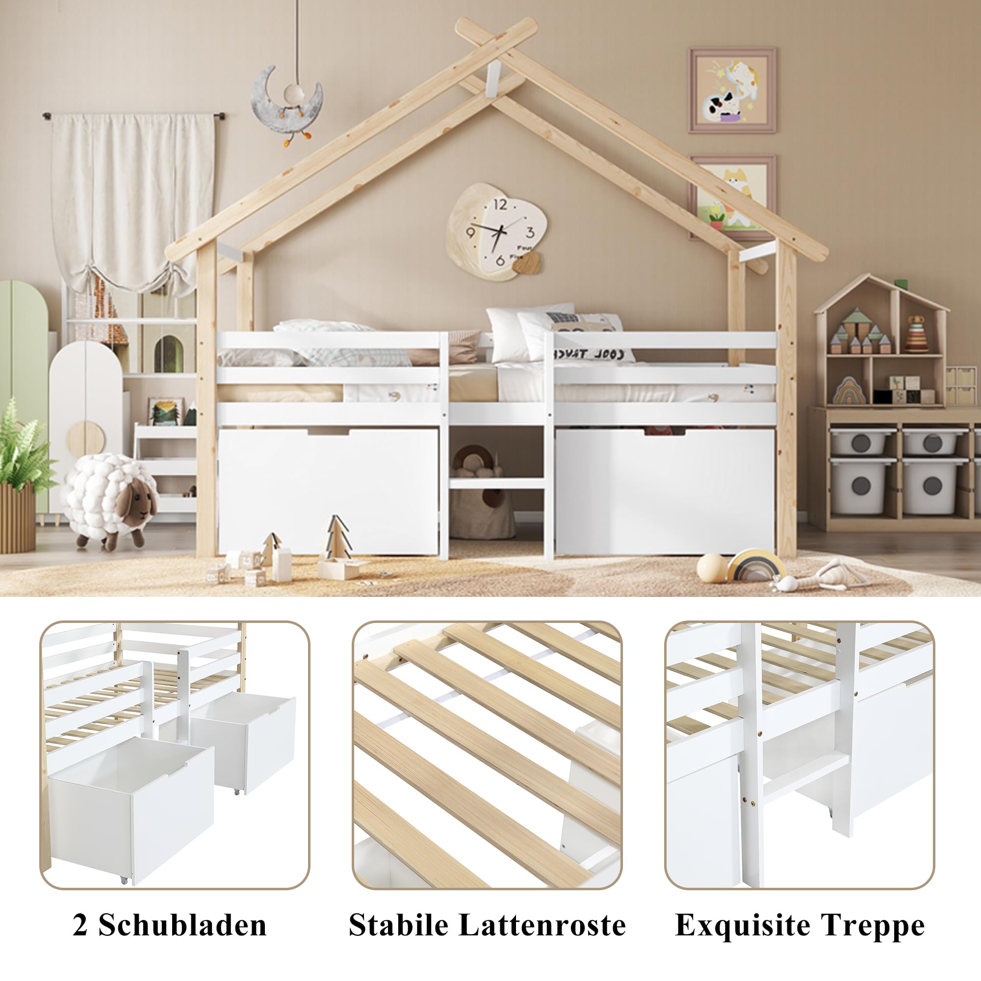 Merax Kinderbett 90x200cm, Hausbett mit 2 Schubladen & Kleine Leiter, Holzbett mit Rausfallschutz, Dach & Lattenrost, Stabiles Bettenhaus mit Vierseitiger Zaun, Halbhohes Bett für Mädchen/Jungen, Weiß