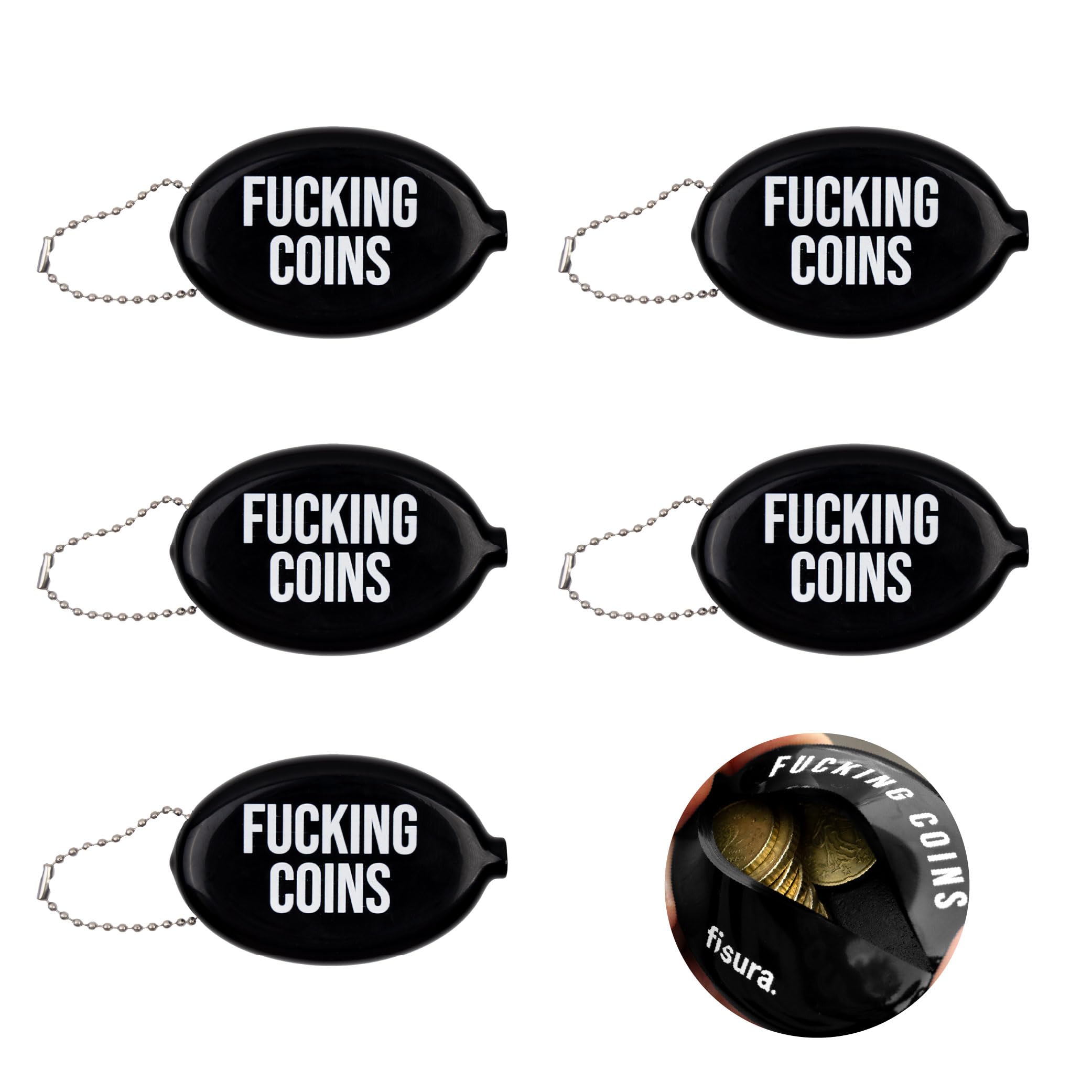 Fisura Oval Rubber Wallet F*cking Coins Black Retro Coin Purse with Chain Small Wallet for Pocket Unisex Wallet Gift Pack of 5
