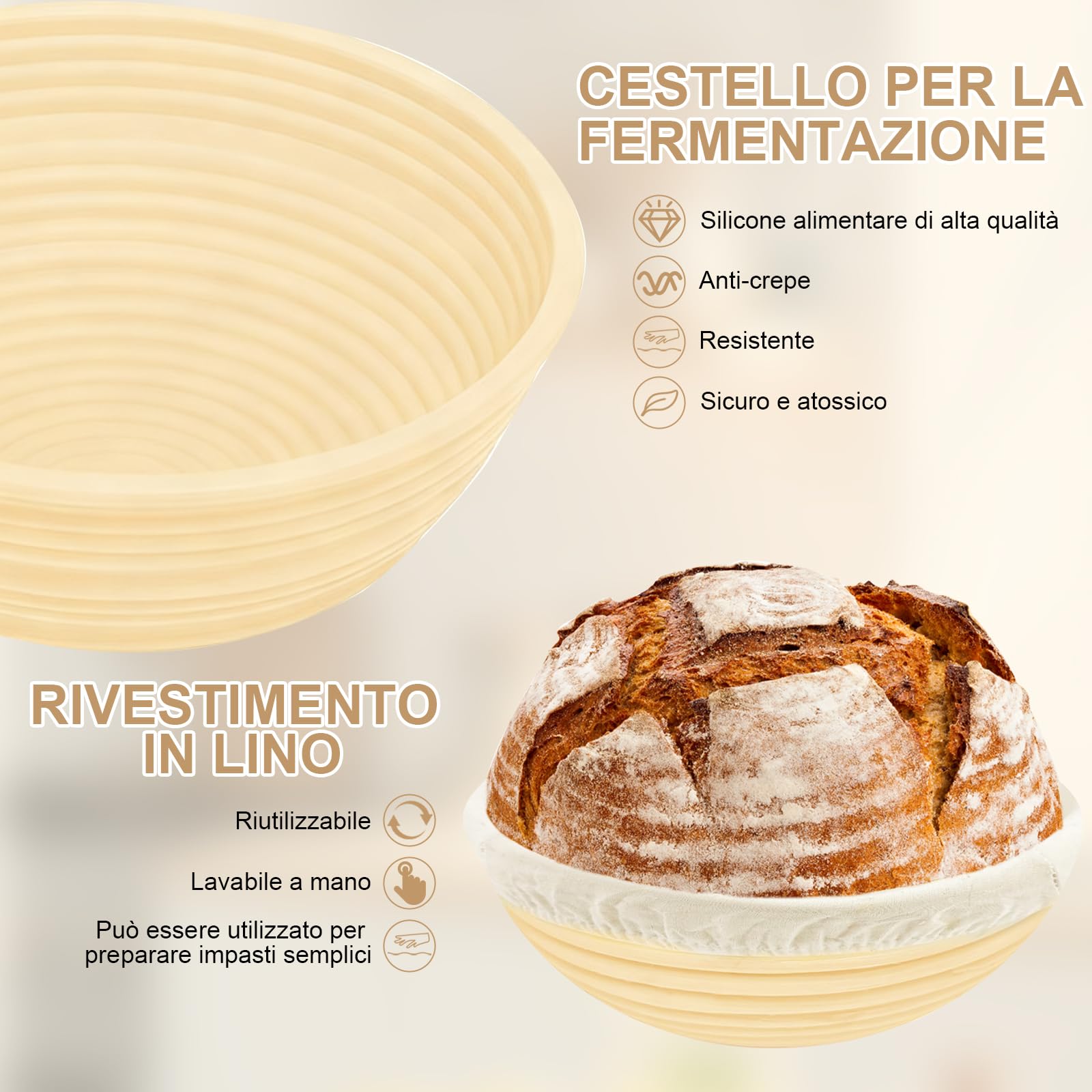 10 Pezzi Cestino da Lievitazione per Pane, Set Panificazione con Cestini Lievitazione in Silicone Rotondo da 23 cm & Ovale da 25 cm, Tela di Lino, per La Cottura del Pane