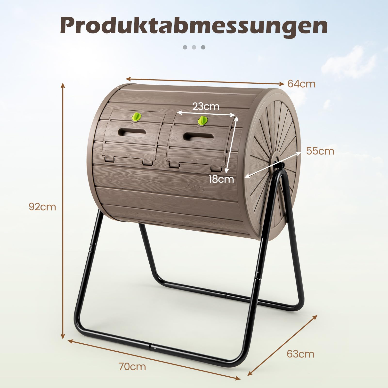 COSTWAY 142L Trommel-Komposter, Gartenkomposter Doppelkammer, 360° drehbar, Kompostschleuder mit 2 abschließbare Türen, Schnellkomposter aus PP & Metall, für Garten Balkon, 70x63x92cm (Kaffee)