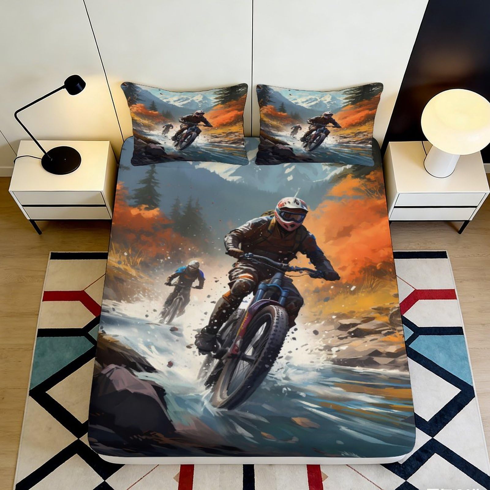 Pnayamiorkfel Style-1 3D Printed Mountain Biking Fitted Sheet Microfiber Soft Breathable Forest Adventure Bed Cover For Bedroom Guest Room Decor 90X200x25cm