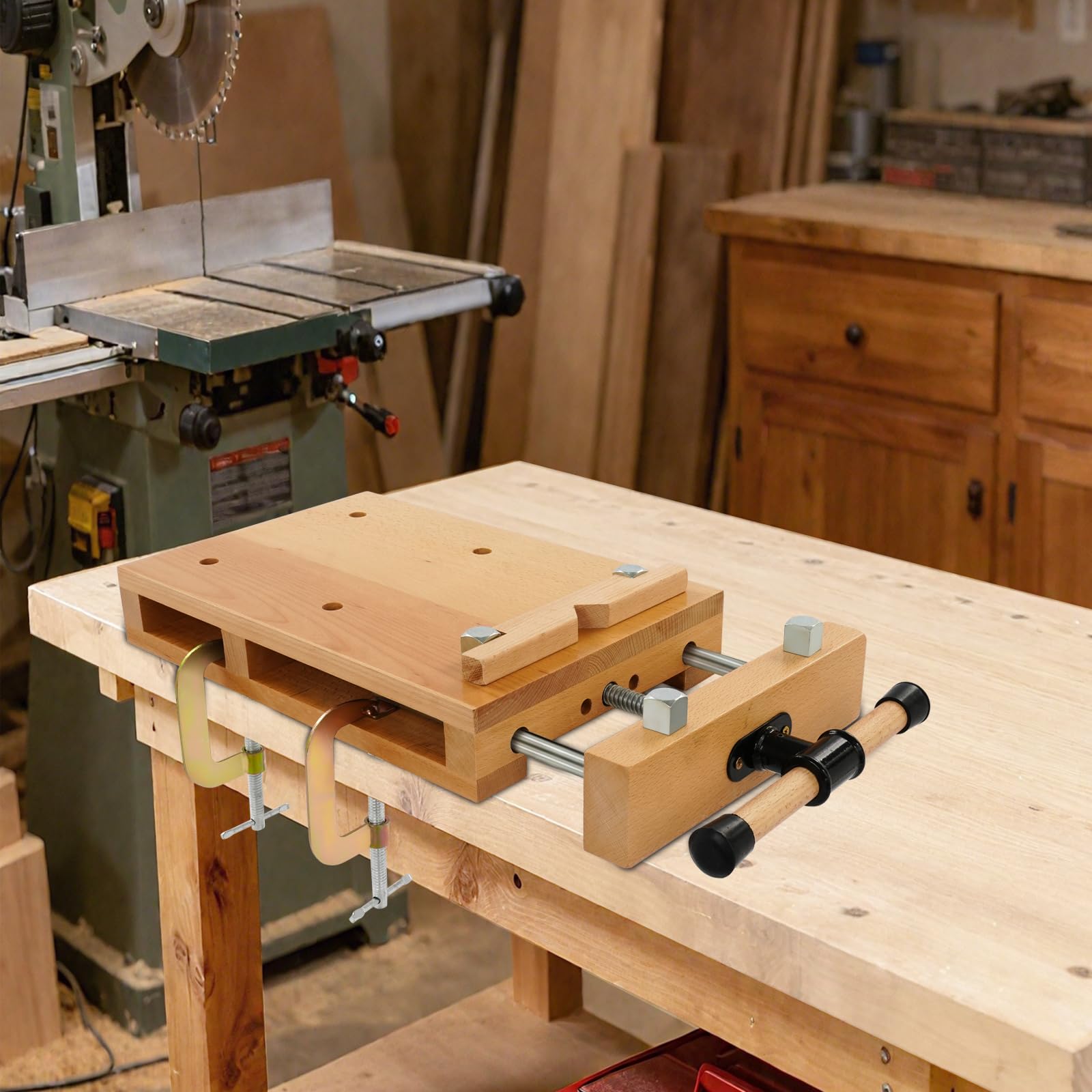 Panca da tavolo con morsa in legno di faggio, regolabile per legno fino a 100 kg, con staffe a G e spine, leggera e salvaspazio