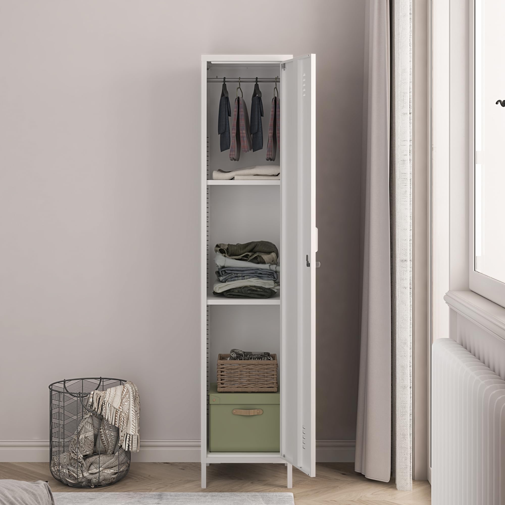 [en.casa] Armadio da Ufficio con Anta e Serratura Ripiani ad Altezza Regolabile Mobile in Acciaio da Spogliatoio con 3 Scomparti e Barra Porta Abiti 180 x 38 x 38 cm - Bianco