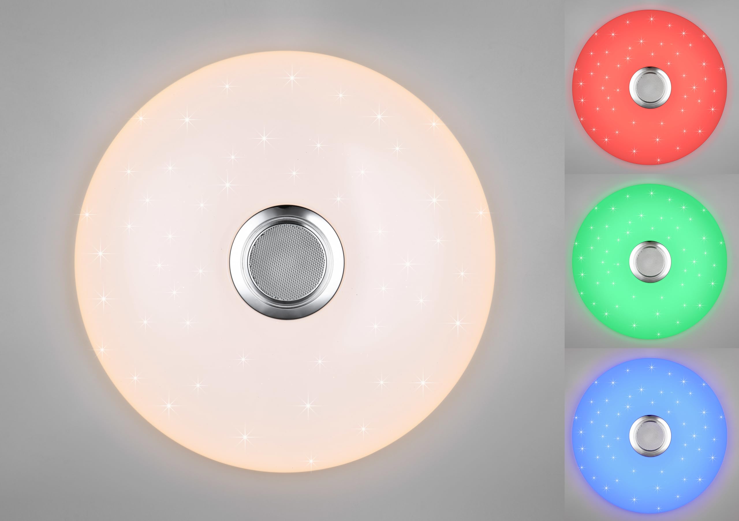 Reality Leuchten Plafón MUSICA R69031901 LED, pantalla de plástico blanco con efecto Starlight, LED de 33 vatios, mando a distancia, cambio de color, altavoz Bluetooth,