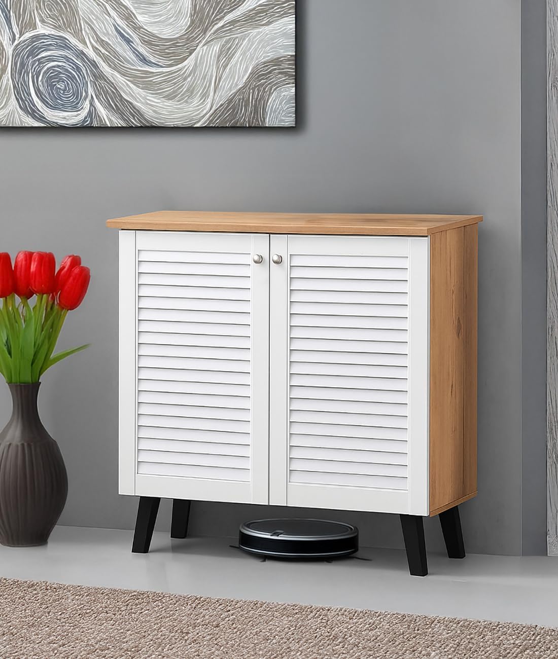 Mevigo Wooden Shoe Rack Cabinet for Entryway – Modern 2 Door 4-Tier Storage Organizer, Wooden Cupboard for Home, Space Saving Shoe Rack Wallnut Shoes Storage Cabinet -White-VB1