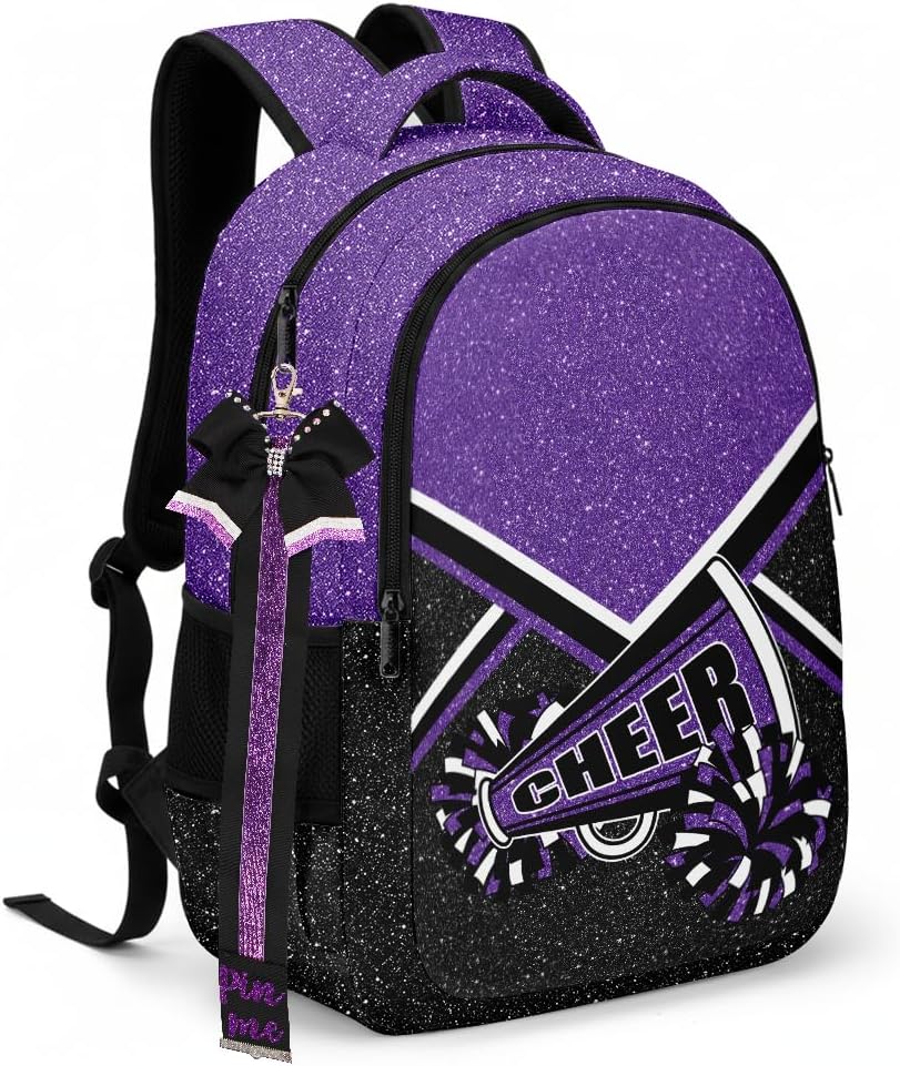 Cheer Backpack with Ribbon Keychain, Glitter Cheerleading Backpack for Women, Cheerleader Gifts (Purple)