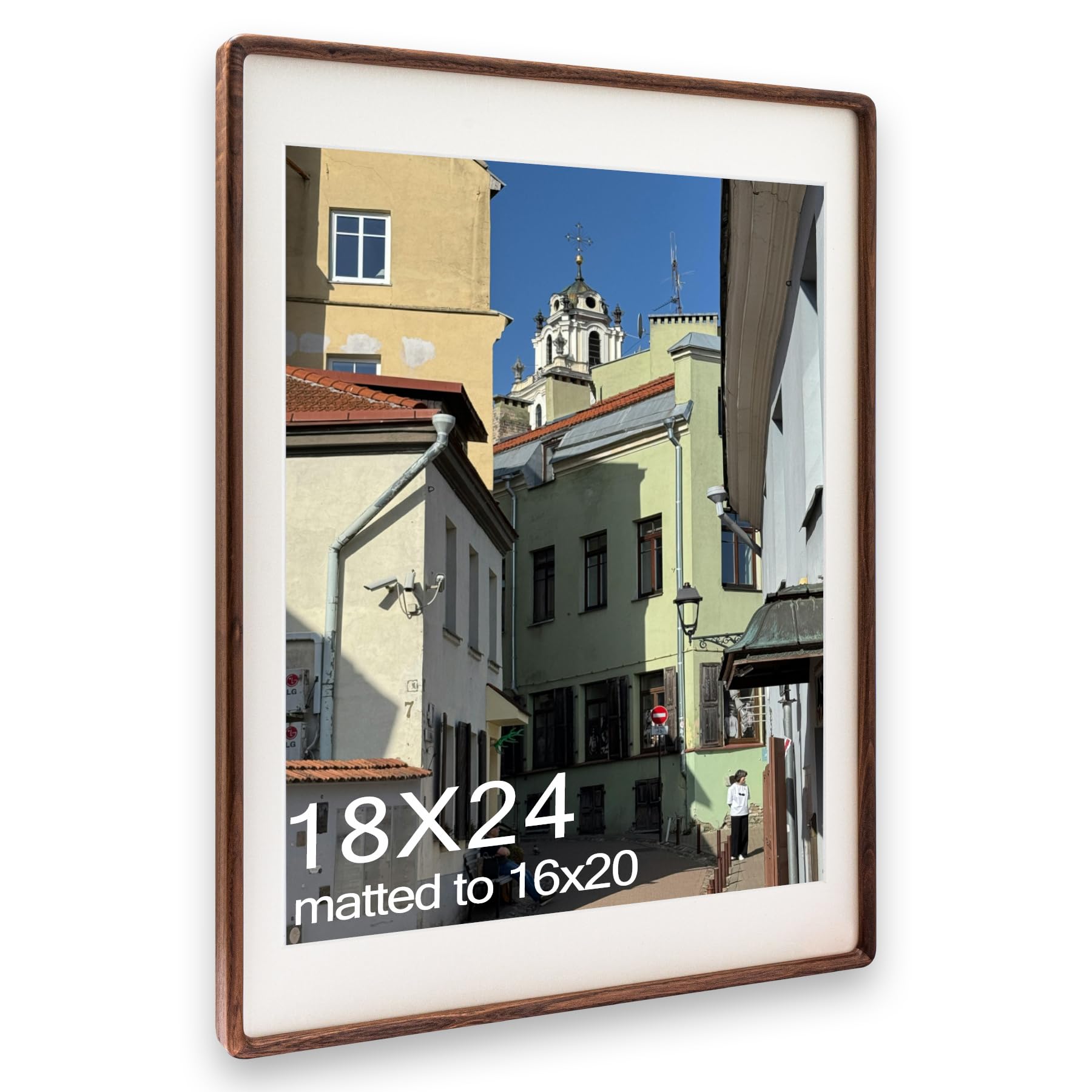 18x24 Frame, Solid Walnut Wood Poster Frame with Mat for 16x20 or 18x24 without Mat, Rounded Corner Walnut Wooden Frame, Gallery Wall Frames for Art, Horizontal or Vertical Wall Mounting