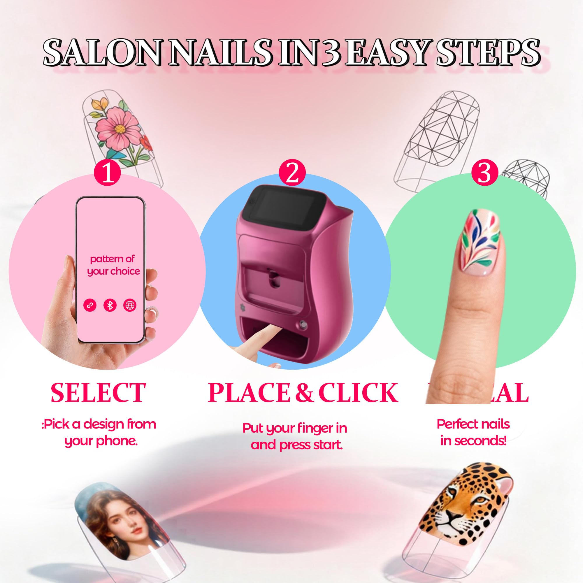 Stampante per Unghie Gel, Stampante per Unghie Elettrica, Disegno rapido 10s, Stampante per Unghie con App e Bluetooth, Stampante per Unghie Professionale, per DIY,Studi per Unghie Pink