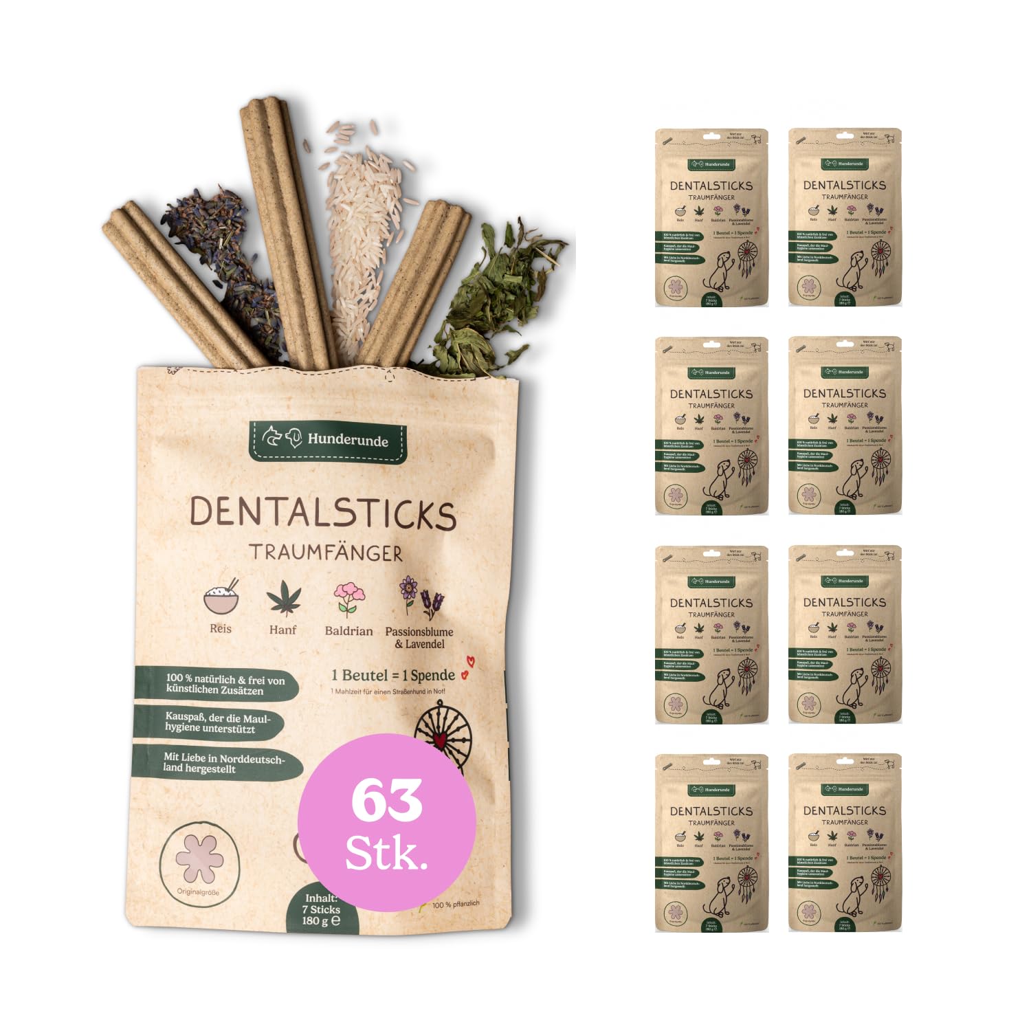 Hunderunde – Dental Sticks Traumfänger 63 STK – vegane Zahnpflege & Entspannung für Hunde – mit Baldrian, Lavendel & Passionsblume – getreidefrei & allergikerfreundlich – täglicher Kaustick
