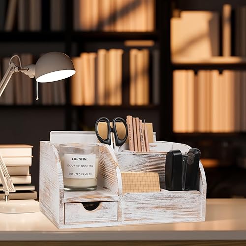 Miniatura 5 de Organizador de suministros y accesorios de escritorio de oficina, organizador de escritorio de madera con 6 compartimentos y 1 cajón para carpetas,