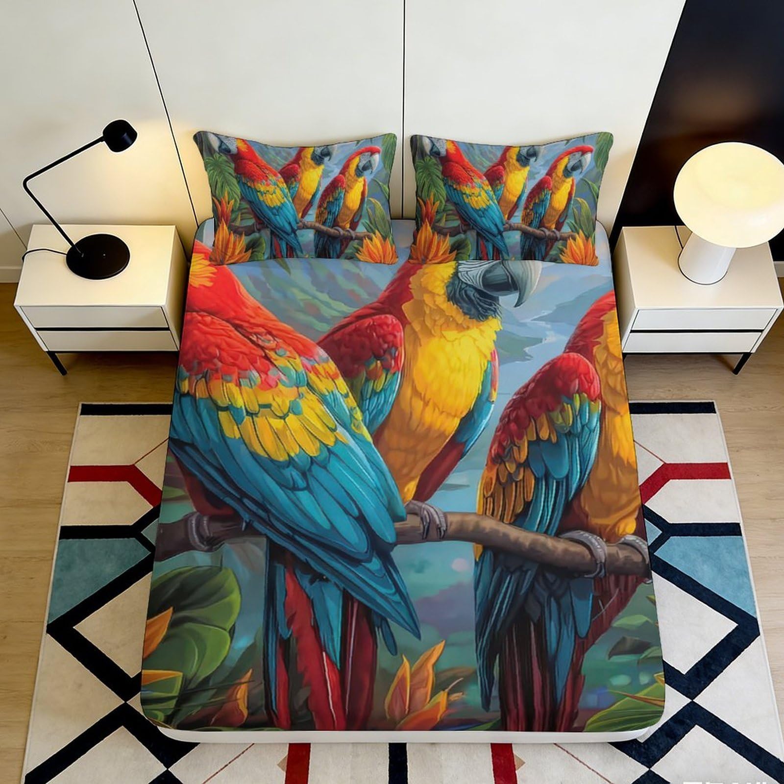3D Printed Colorful Parrot Fitted Sheet Microfiber Soft Anti-Slip Tropical Bird Mattress Cover for Bedroom Guest Room 200x200x25cm