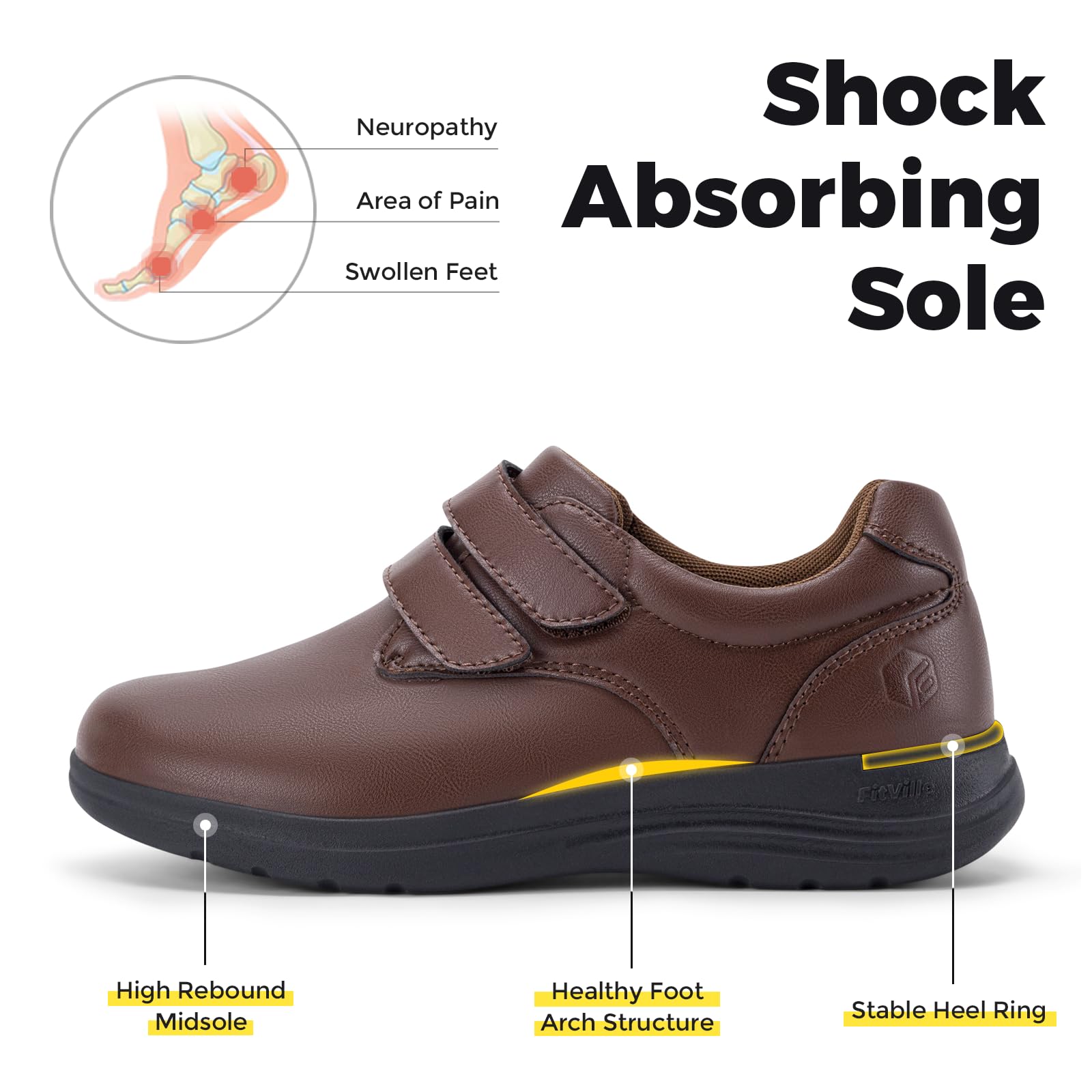 FitVille Scarpe Diabetici Donna Pelle Pianta Larga Scarpe Ortopediche Strappo Scarpe Comode da Passeggio pour Piedi Sensibili Piedi Gonfi