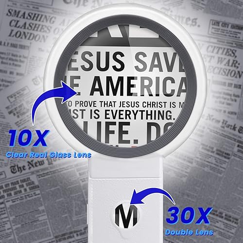 Miniatura 6 de Lupa de 30 x 10 x con luz y soporte, lupa de mano plegable con 18 luces LED iluminadas para degeneración macular, lectura de personas mayores,