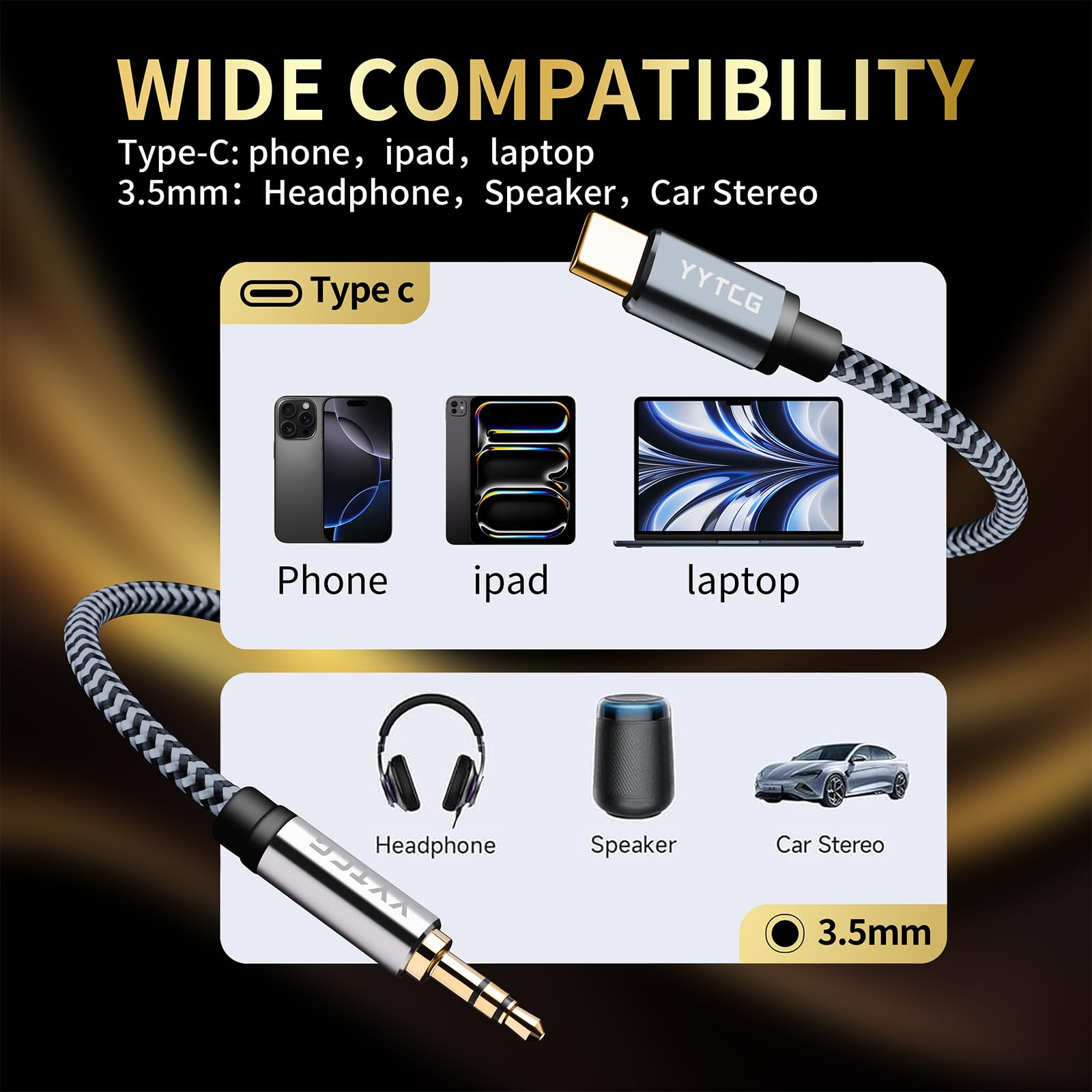 Audiophile - Cavo HiFi USB-C a AUX da 3,5 mm, 1,8 m, nucleo OFC 4N, spina placcata oro 24K, nylon intrecciato, compatibile con cuffie/amplificatori per auto/casa