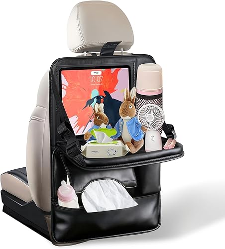 Miniatura 10 de Paquete de 2 organizadores de cuero para asiento trasero de automóvil con soporte para tableta, bandeja plegable para alimentos, bolsillos