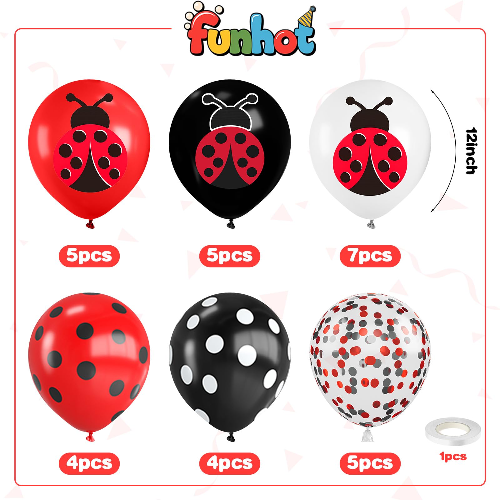 Marienkäfer-Luftballons, 30,5 cm, Marienkäfer-Druck, rot, schwarz, weiß und gepunktet, Ballon mit rotem schwarzem Konfetti, für Marienkäfer, Geburtstag, Babyparty, Motto-Party-Dekorationen