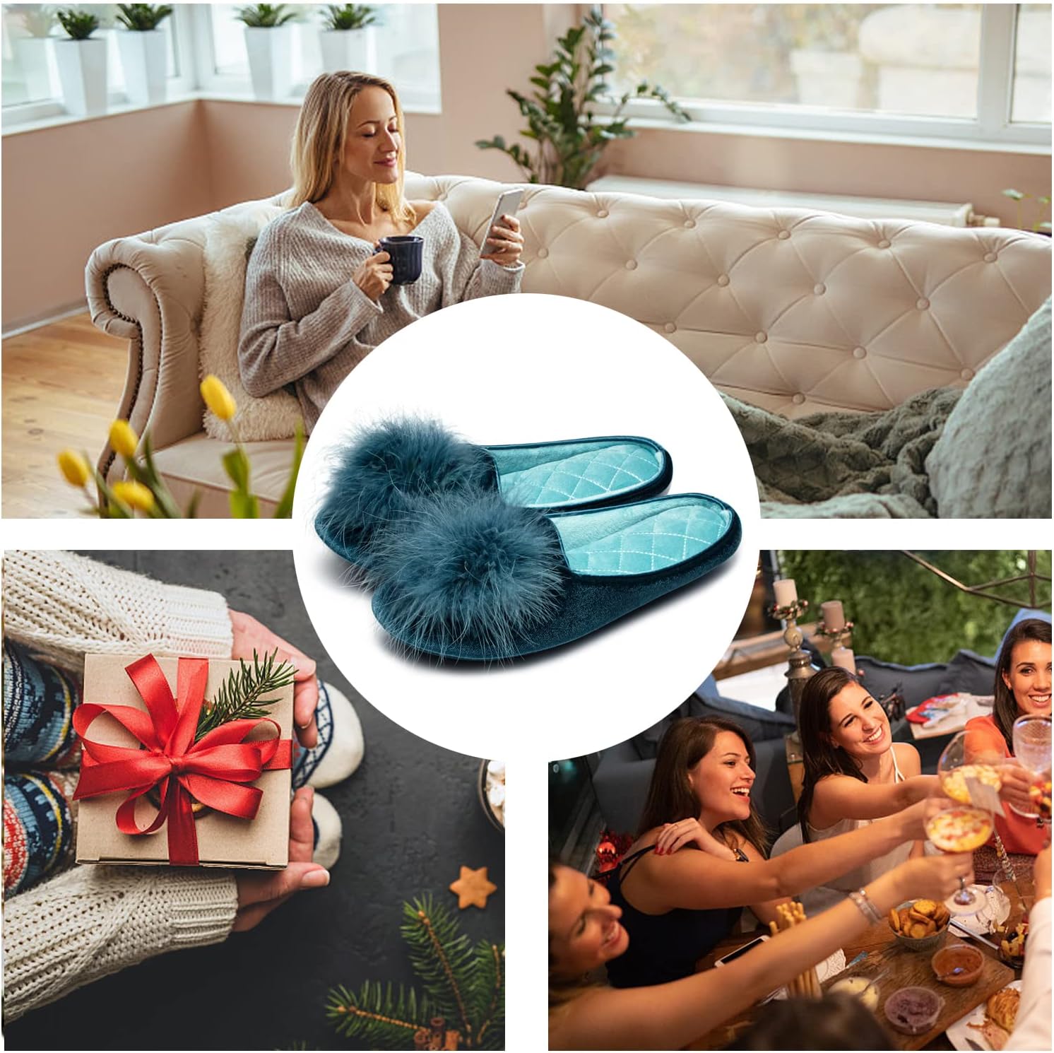 GRITHEIM Women's Fuzzy Pom Pom Velvet Memory Foam House Slippers Ladies Cozy Chenille Knit Bedroom Slippers Non-slip Sole Indoor Outdoor - Image 6
