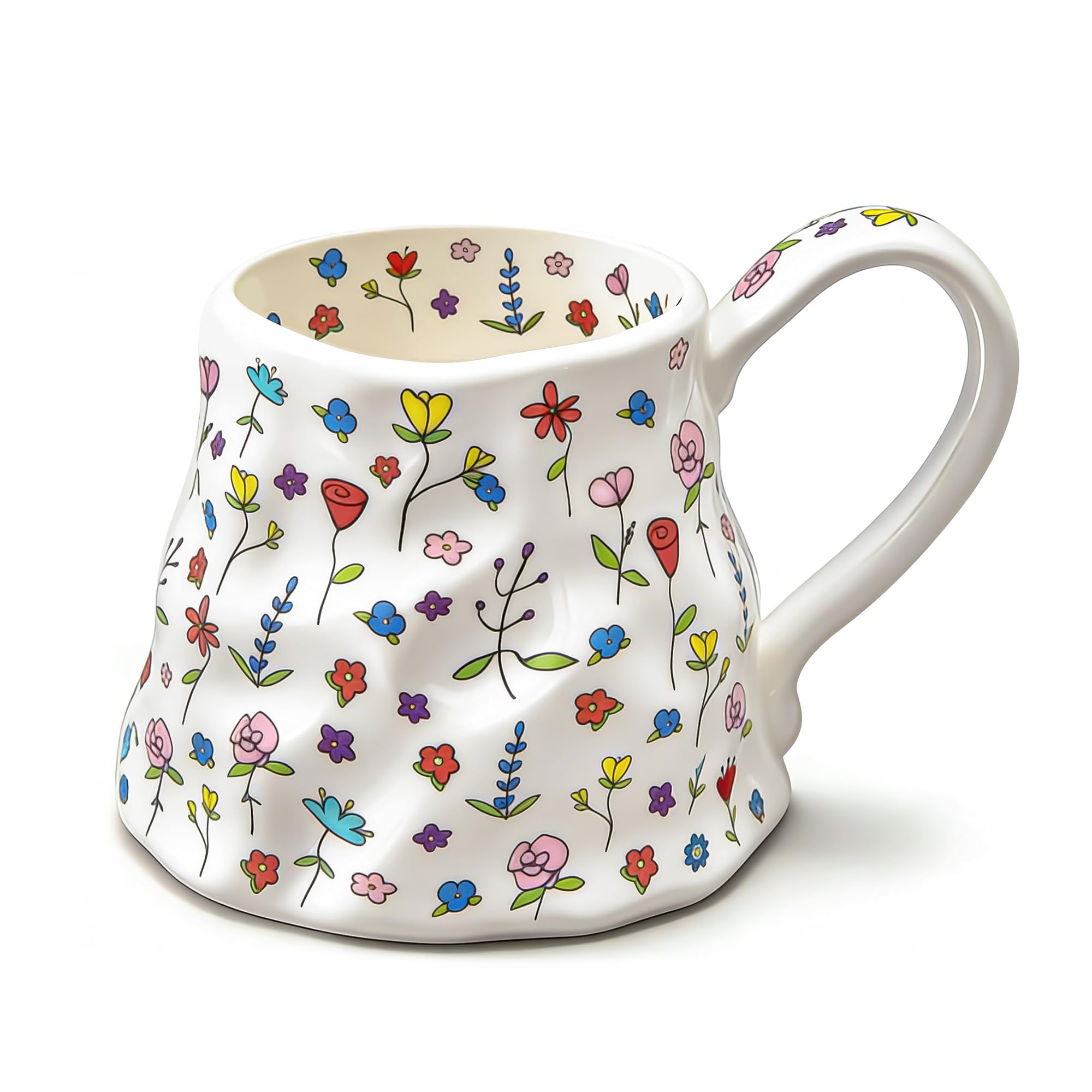 Acolidas 20 oz Large Ceramic Coffee Mug, White Floral Ceramic Mug with Hand-Painted Style Design, Cottage Style Coffee Cup, Gift for Home Use