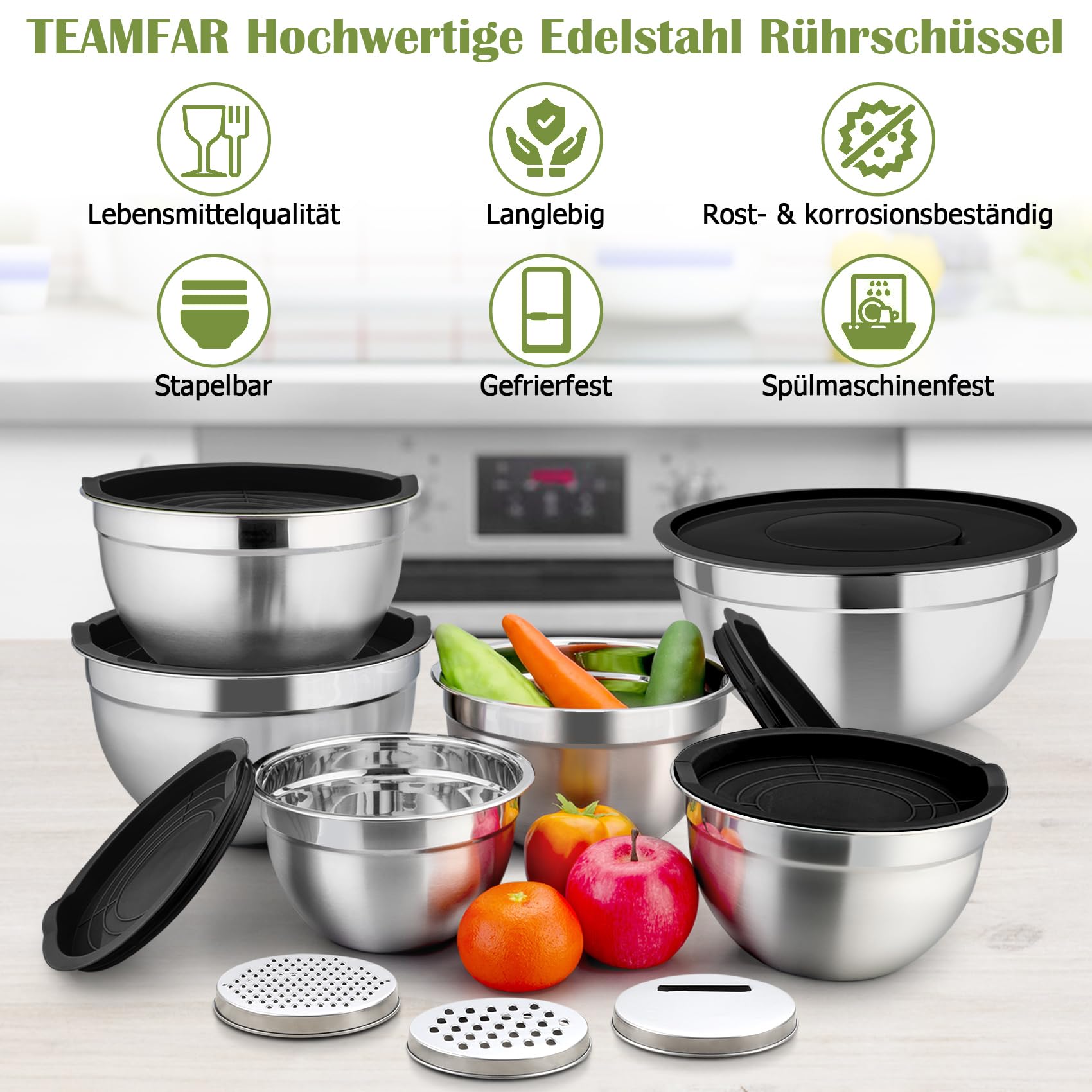 TEAMFAR Mengkomset, 7 stuks roestvrijstalen kommen slakommen set met luchtdicht deksel en siliconen bodem, stapelbaar en vaatwasmachinebestendig, 0,7 l / 1,2 l / 1,5 l / 2,5 l / 2,8 l / 3,5 l / 6,5 l