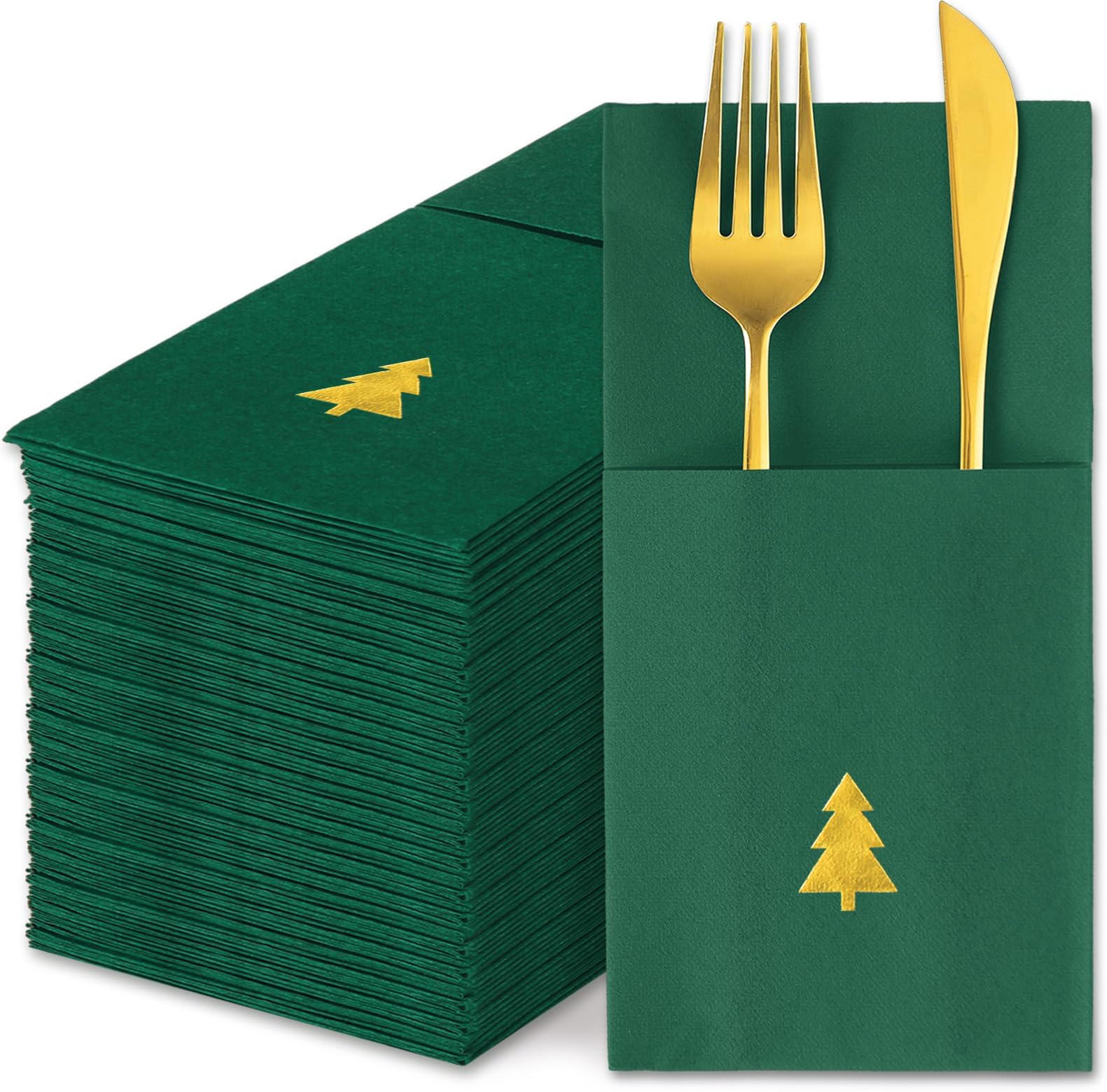 50 Pcs Christmas Linen Feel Napkin Xmas Tree Gold Foil Disposable Airlaid Paper Napkin Green Prefolded Dinner Napkins with Built-in Flatware Pocket for Winter Holiday Party Supplies