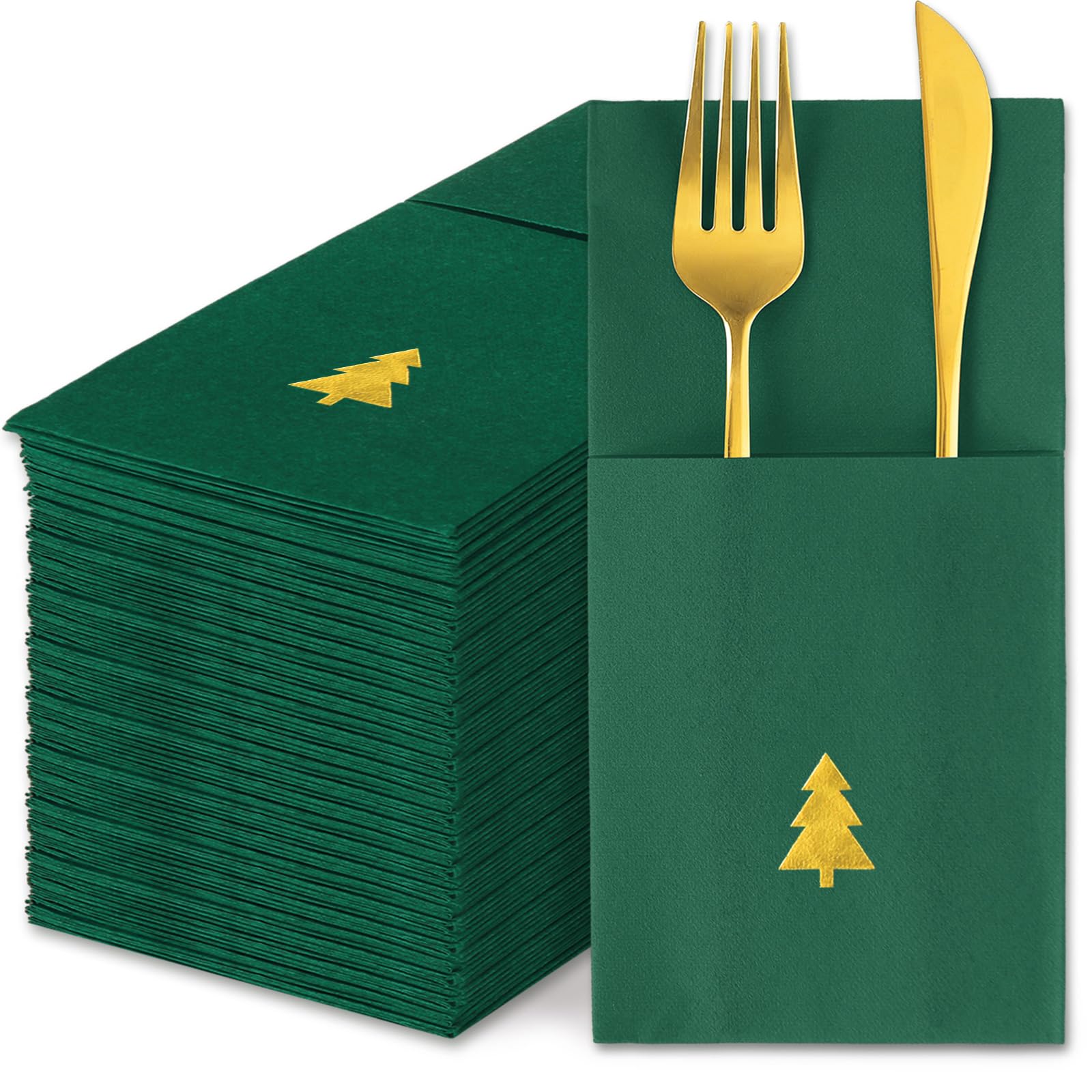 50 Pcs Christmas Linen Feel Napkin Xmas Tree Gold Foil Disposable Airlaid Paper Napkin Green Prefolded Dinner Napkins with Built-in Flatware Pocket for Winter Holiday Party Supplies