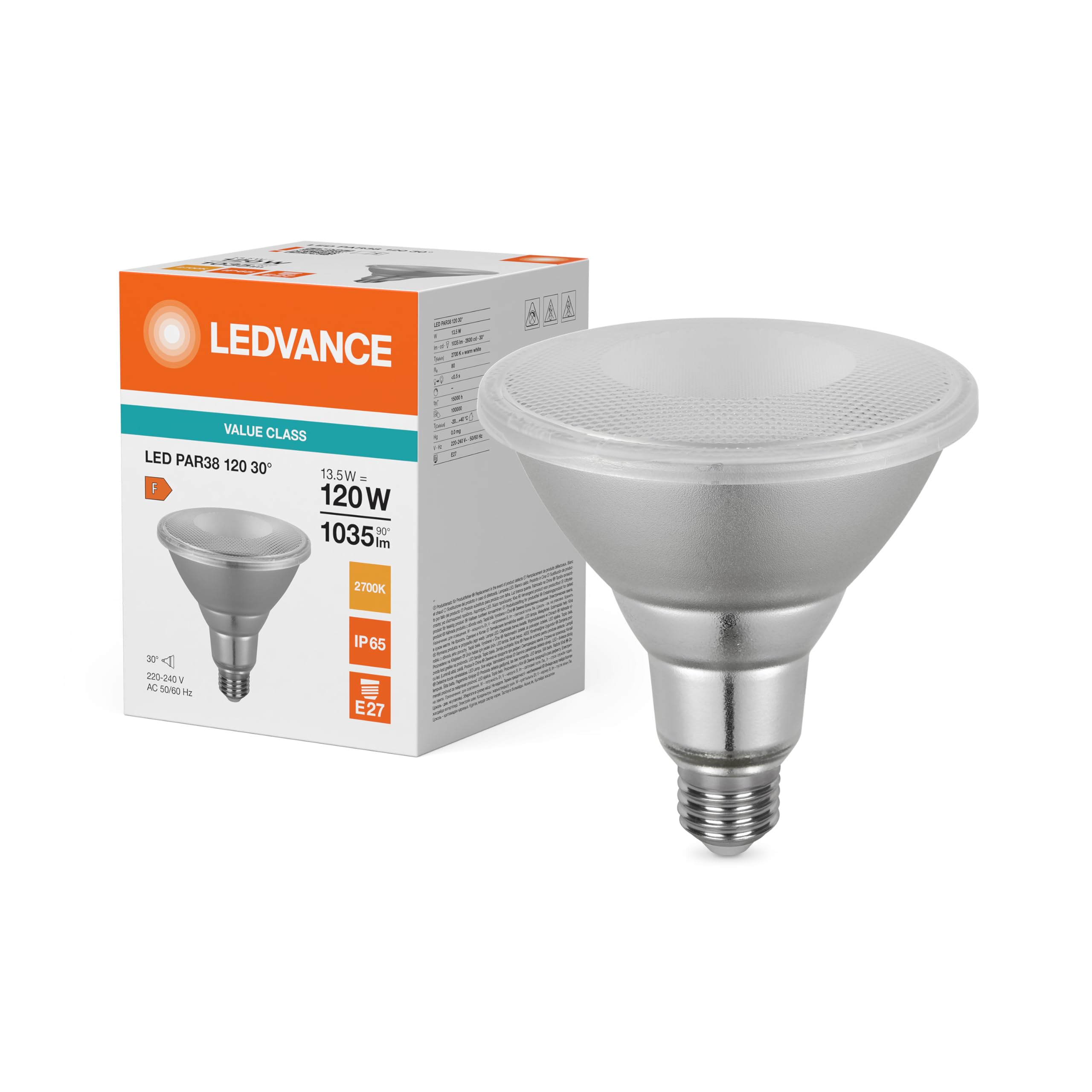 LEDVANCE 6x LED PAR38 Spot, 13.5W, Warmweiß 2700K, E27, 1035lm, 30° Abstrahlwinkel, IP65, Ersetzt 120W 6er SPARPACK