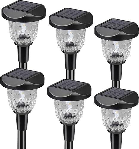 Paquete de 2 luces solares para camino, luces de cristal con estaca de paisaje que brillan hasta 12 horas para pasarela al aire libre, césped,