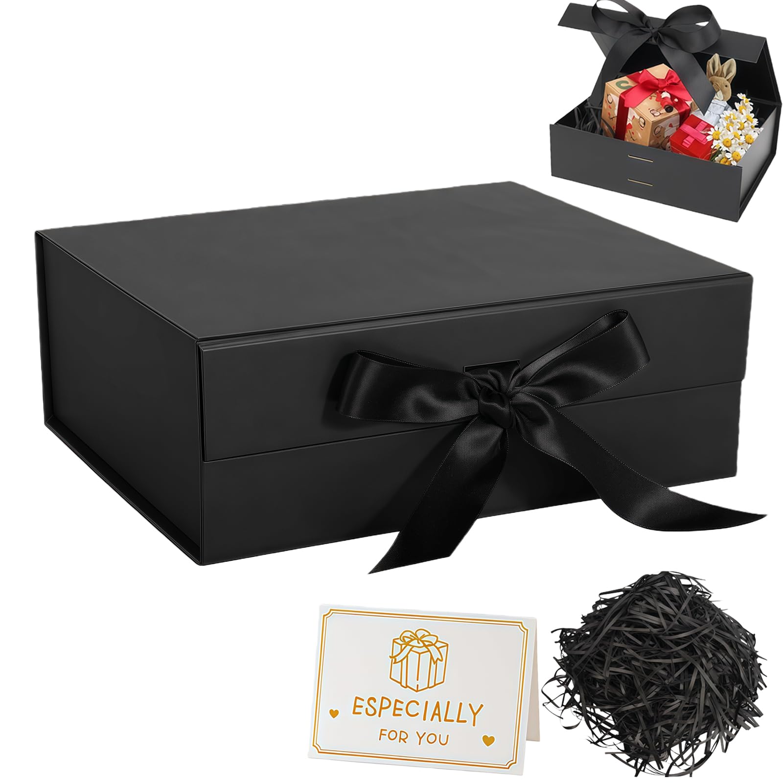Black Gift Box with Lids 22x16x8.8 cm,Magnetic Gift Box Luxury Present Boxes with Ribbon Greeting Card Shredded Paper for Holidays Wedding Birthday Gift Packaging Party Boxes