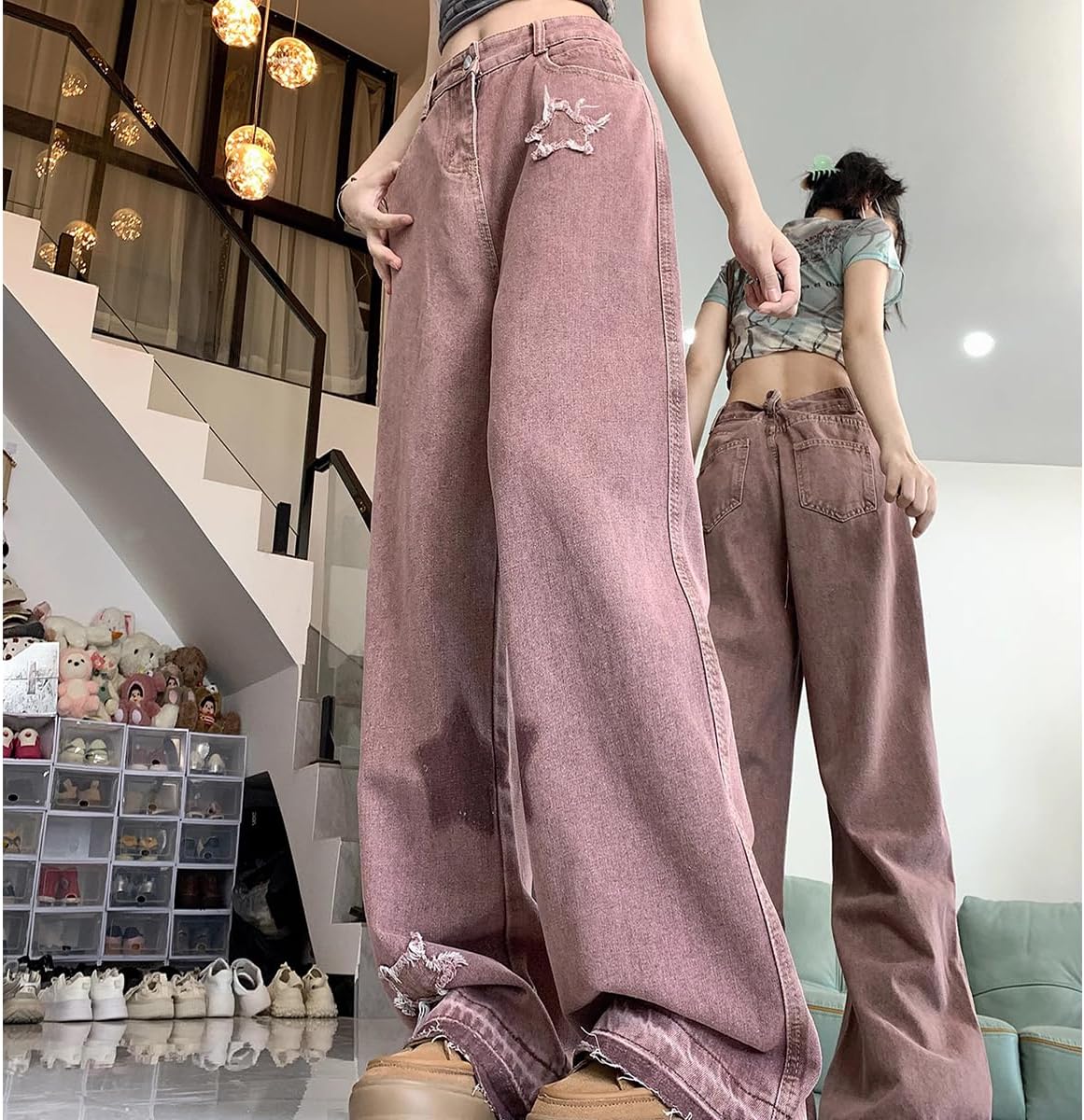 Y2K Casual High Waisted Straight Leg Jeans Womens Fashion Vintage Star Printed Fringe Baggy Denim Pants