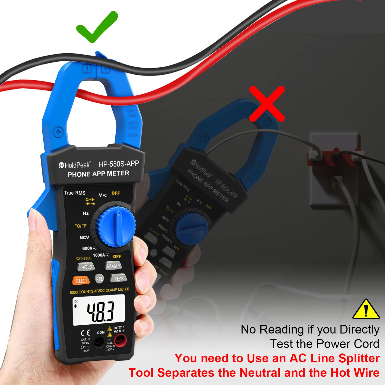 Pinza Amperimétrica HoldPeak con APP connect, Multímetro TRMS 6000 Counts HP-580S Auto Ranging, NCV 1000A AC/DC Volt ohm Resistencia Capacitancia Continuidad Temperatura Diodo