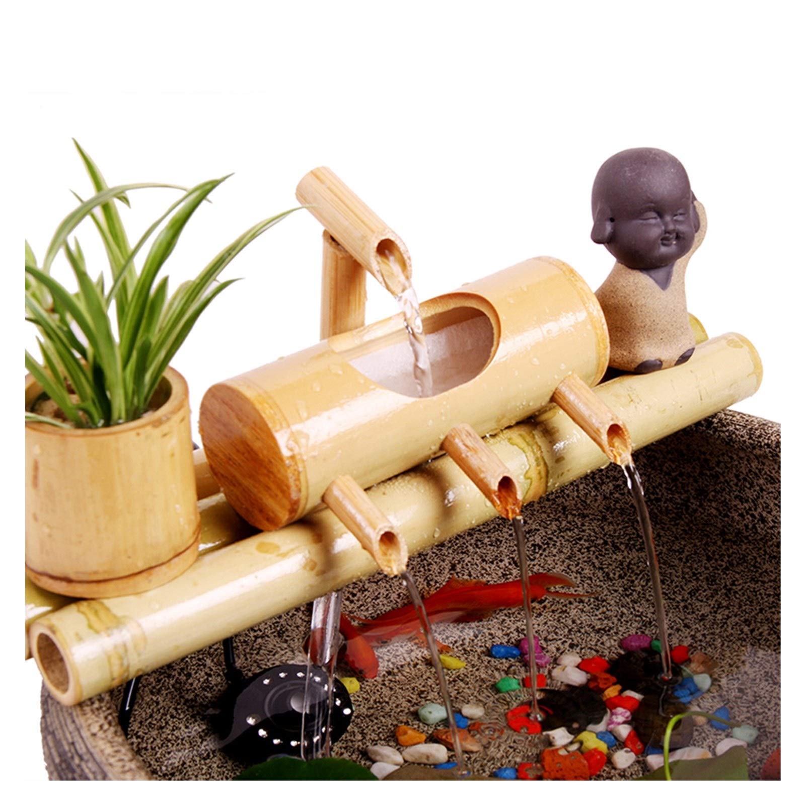 Bamboo Garden Zen Fontaine d'eau avec Pompe, intérieur/extérieur Ornements, 7,8 Pouces Base Ronde Plat, Lisse Split-résistant Bambou, Container Inclus