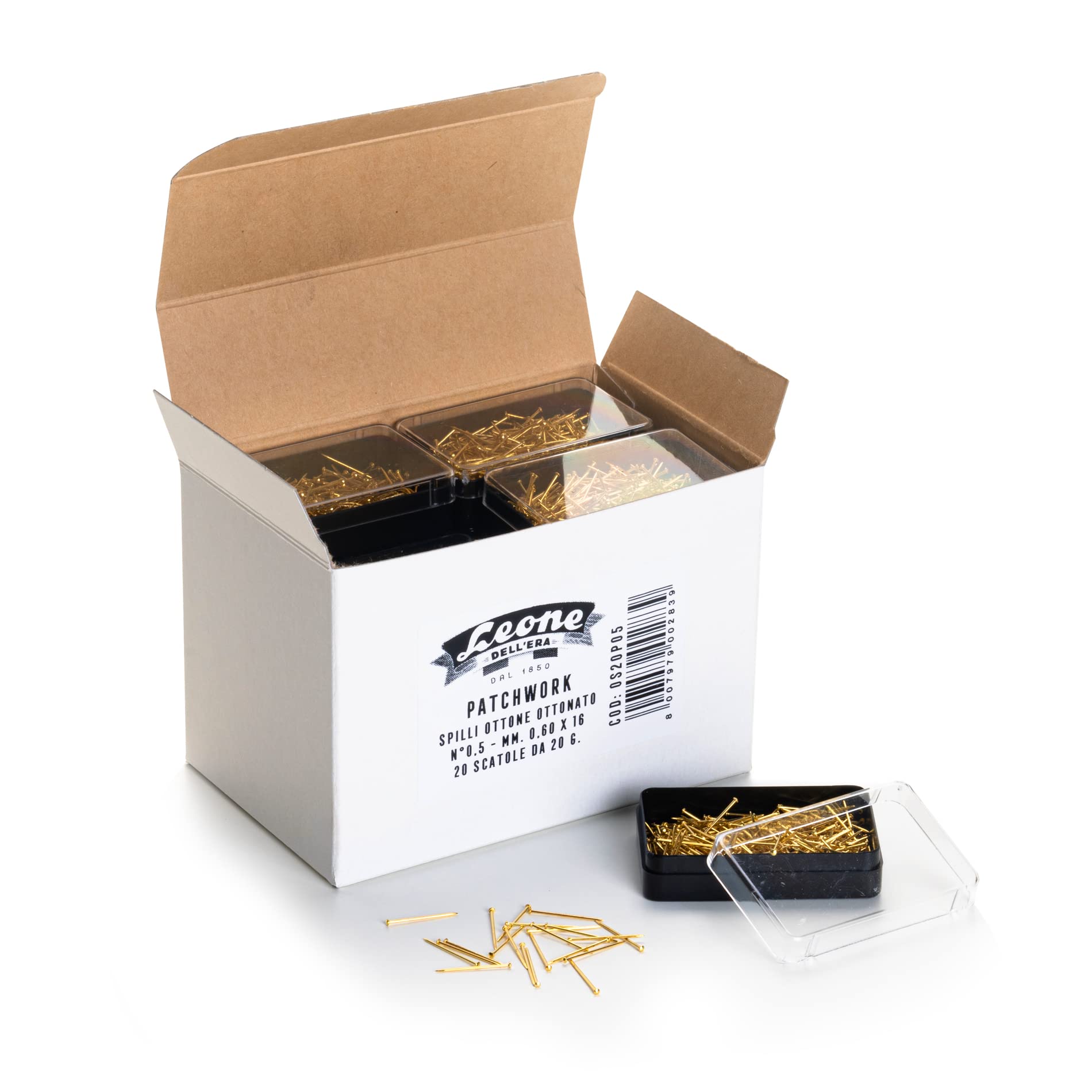 Spilli per Patchwork in ottone ottonato - Leone Dell'Era 400 g. per Patchwork - Astuccio da 20 scatole di plastica da 20 gr., N°0 mm 0,60 x 14