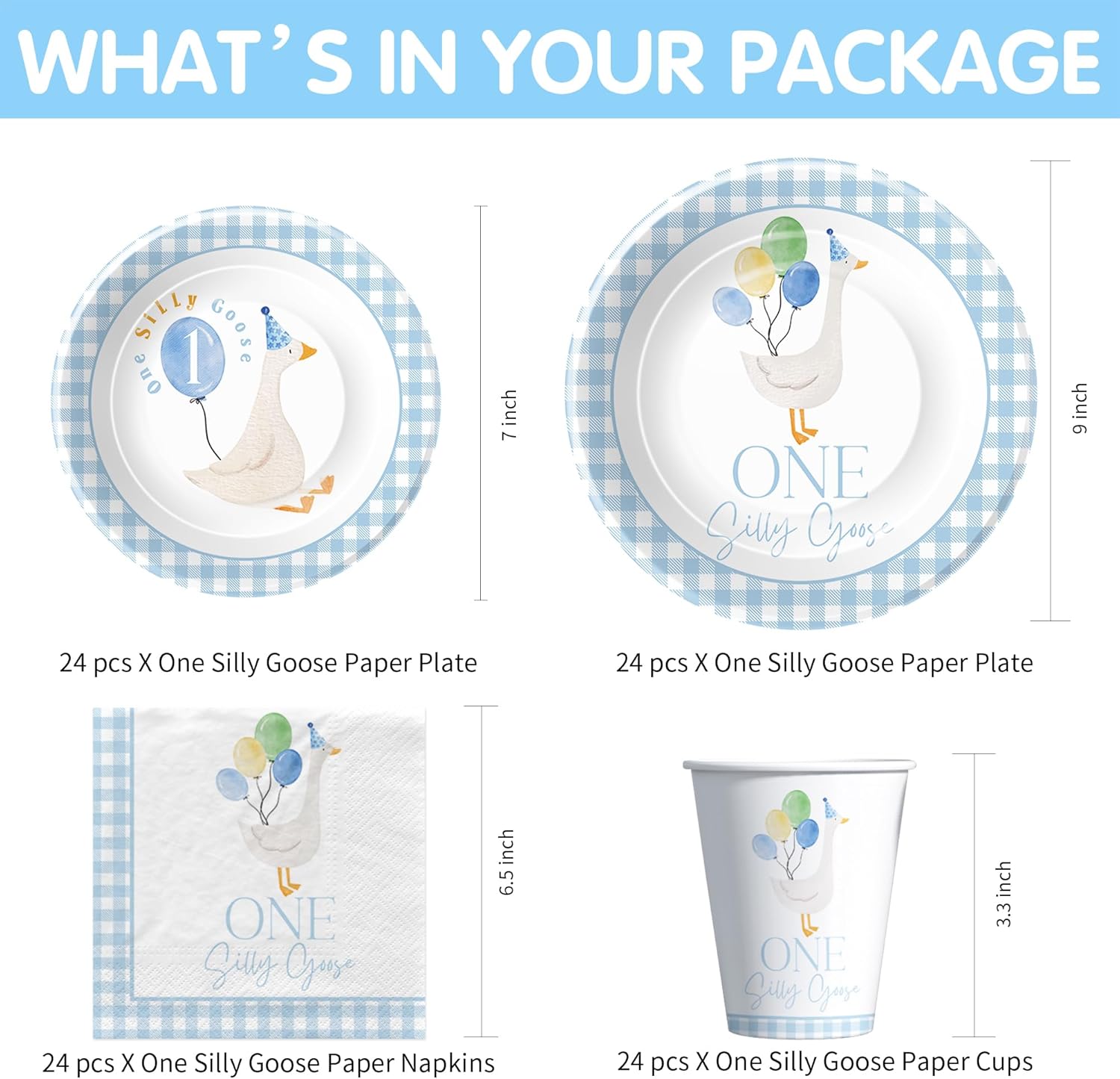 One Silly Goose First Birthday Decorations Tableware for Boys, Blue Goose 1st Birthday Party Supplies, Paper Plate, Cup, Napkin, Straws, Disposable Cutlery, Tablecloth, 24 Guests