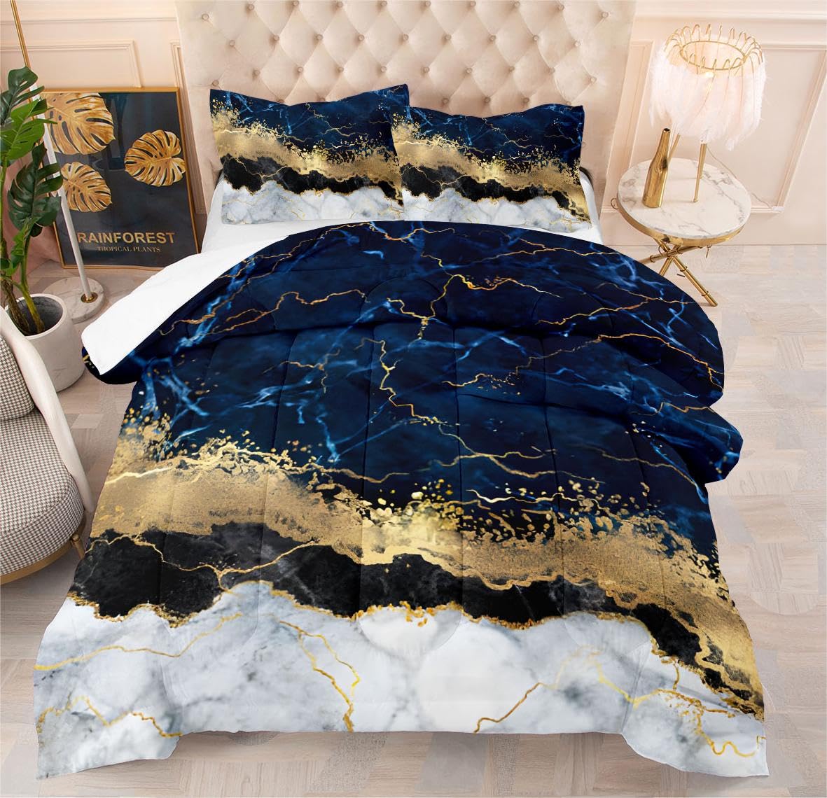 CCoutueChen Navy Blue Gold Marble Comforter Set Queen Size,Metallic Marble Bedding Set for Adult,Abstract Marbling Texture Decor Comforter for Girls,3Pcs Soft Lighweight Comforter,104 * 90