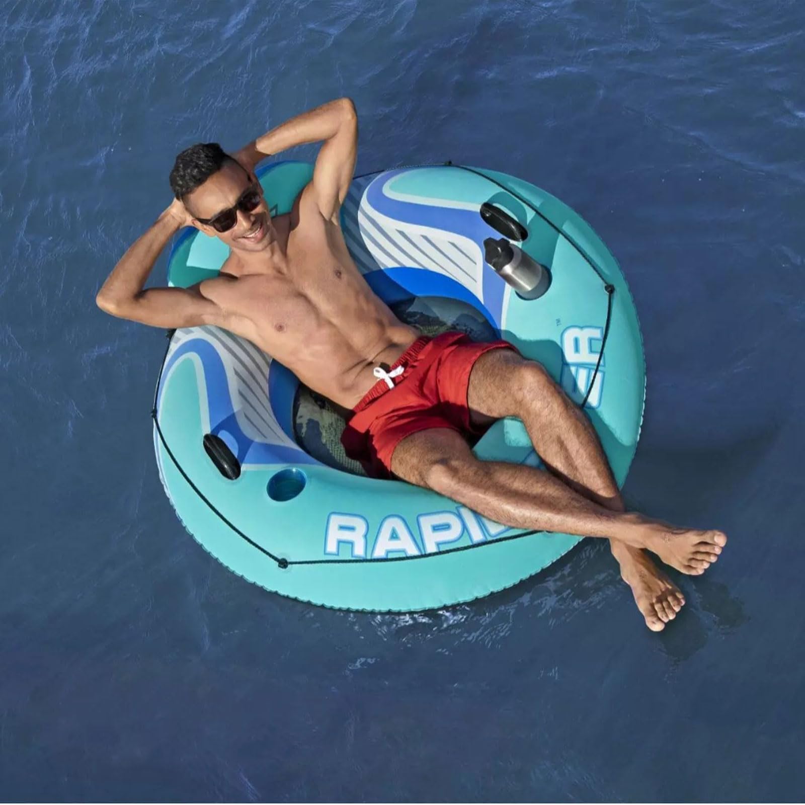 Bouée Gonflable pour rivière,bouée de Piscine Adulte,Robuste,135cm,pour Rafting sur la Plage Le lac,avec Fond en Maille,2 Porte-gobelets 2 poignées de Maintien,capacité de Charge de 175kg
